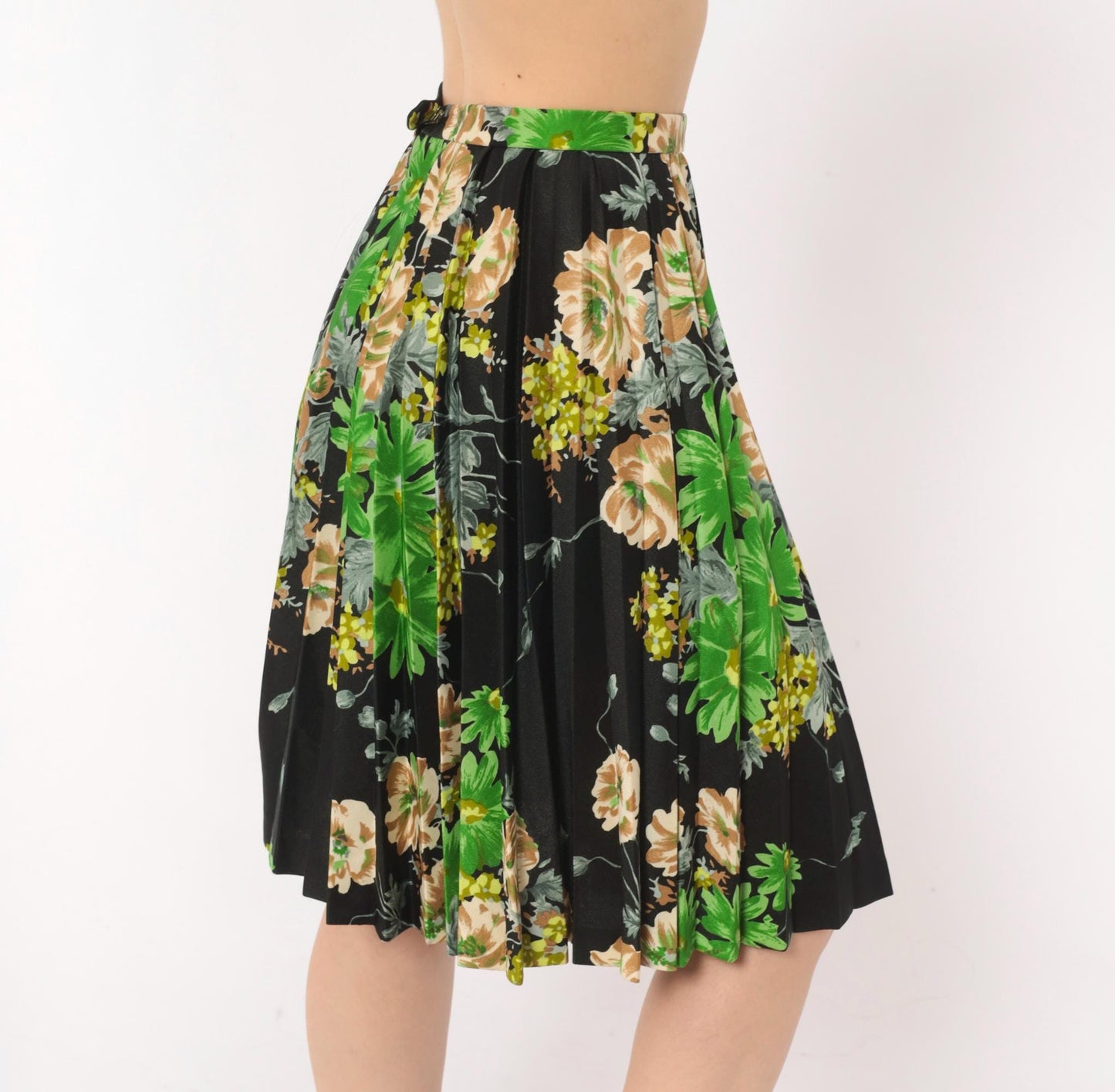 70s Floral Pleated Skirt Black Daisy Rose Print Knee-Length A-Line Extra Small