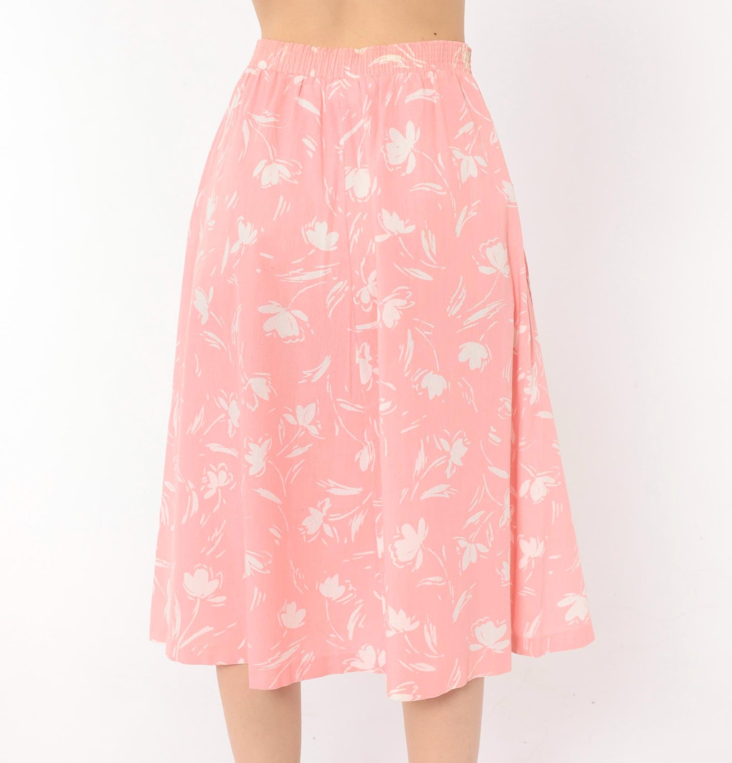 80s Ann Michele Pink Floral Midi Skirt White Tulip Print Small