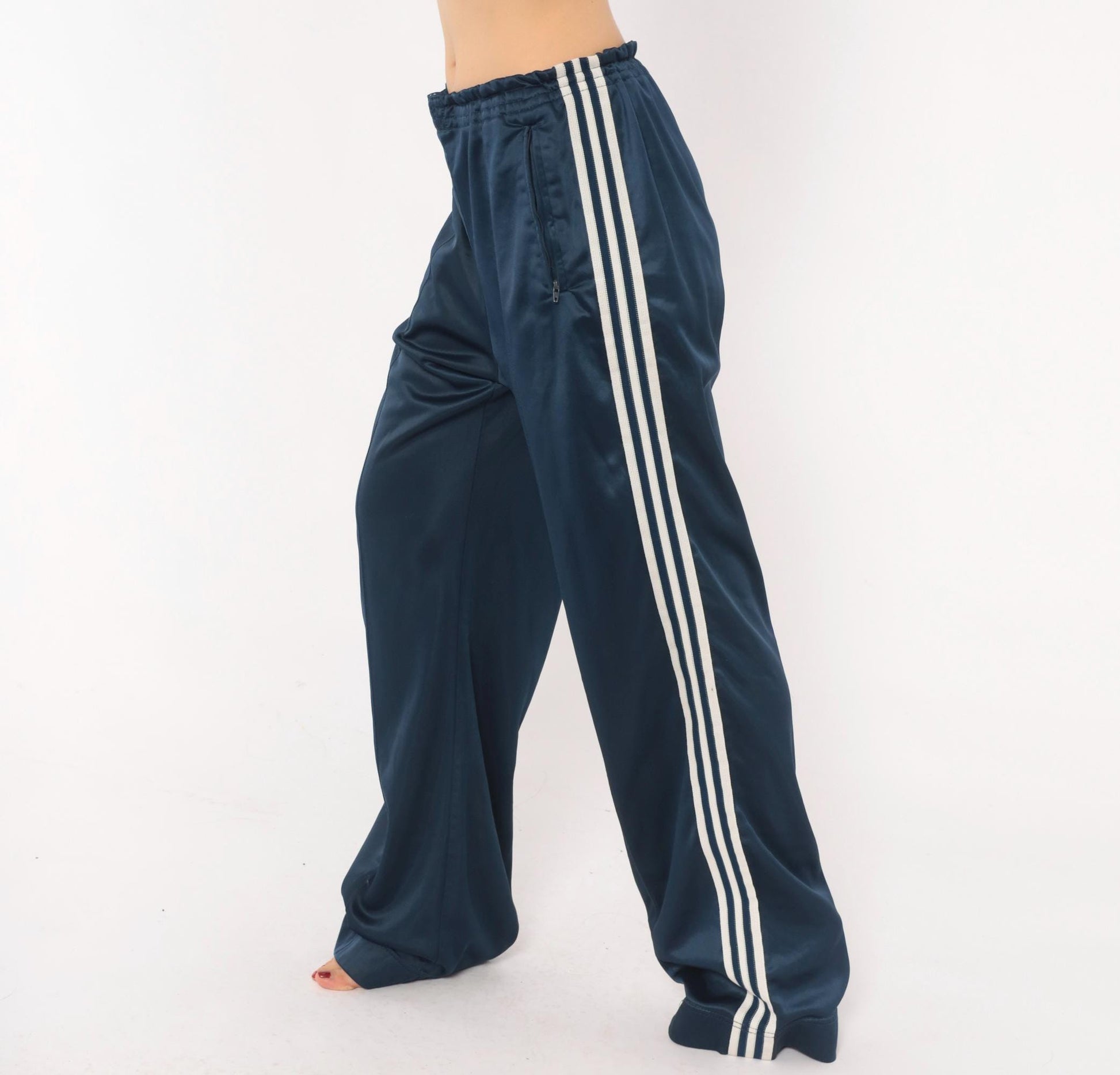 80s Adidas Navy Track Pants White Three Stripe Straight Leg Large L