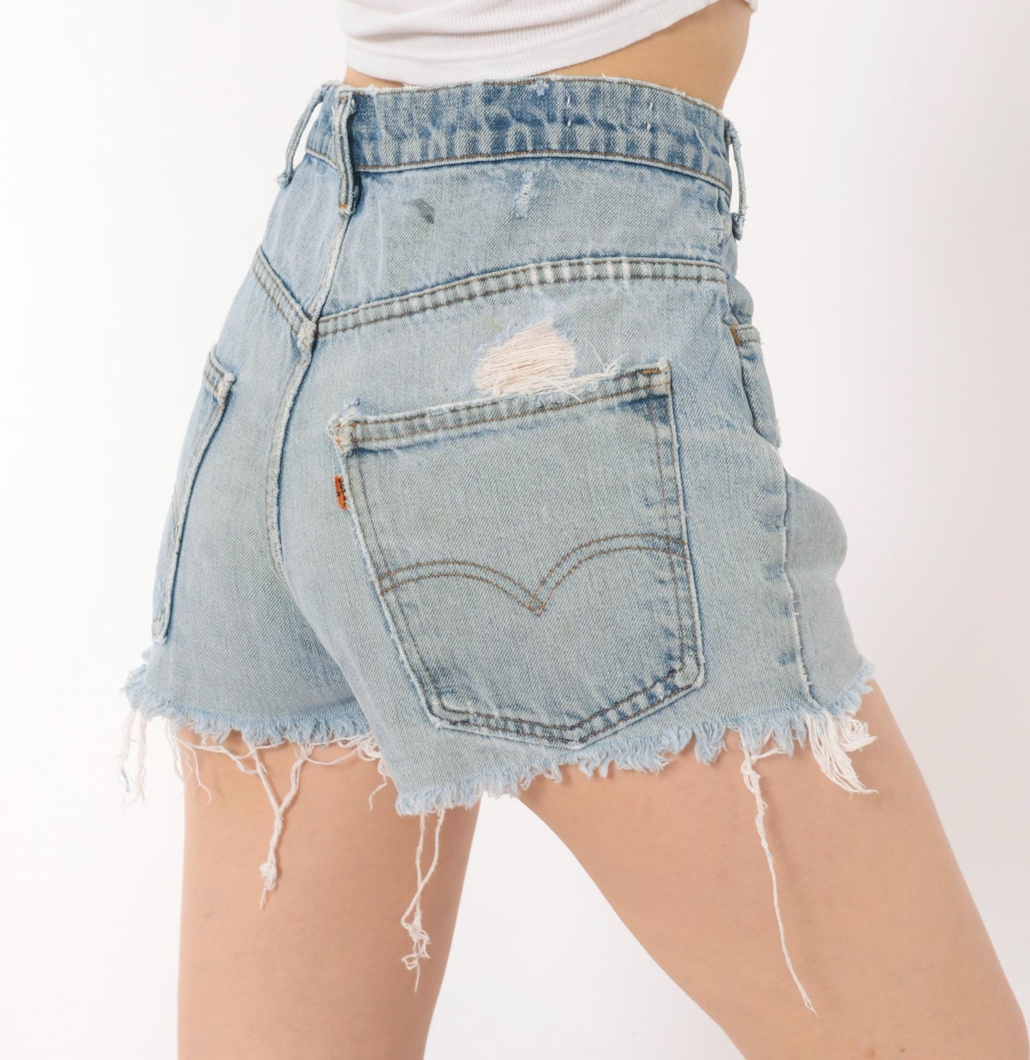 80s Levi's Cutoff Denim Shorts Light Wash High Rise Patched Distressed 32