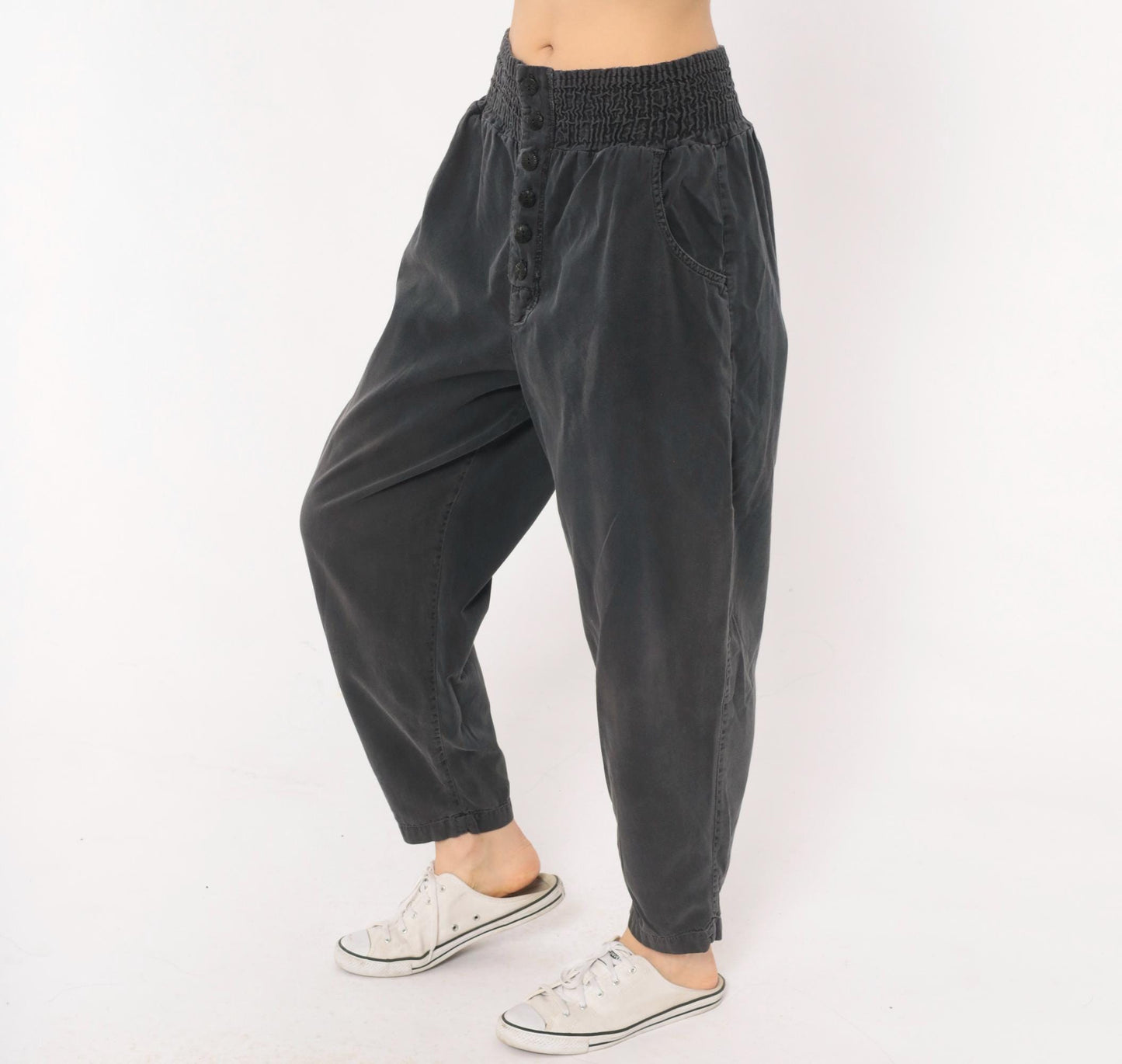 90s Smocked Waist Tapered Trouser Grey Cotton High Rise Button Fly Medium M