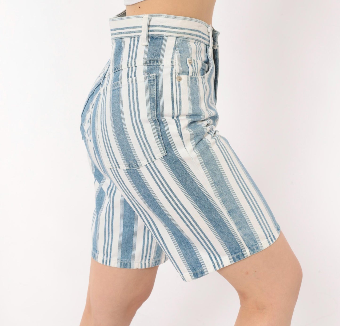 90s Mixed Blues Striped Denim Shorts High Waist Bermuda Blue White Cotton XS