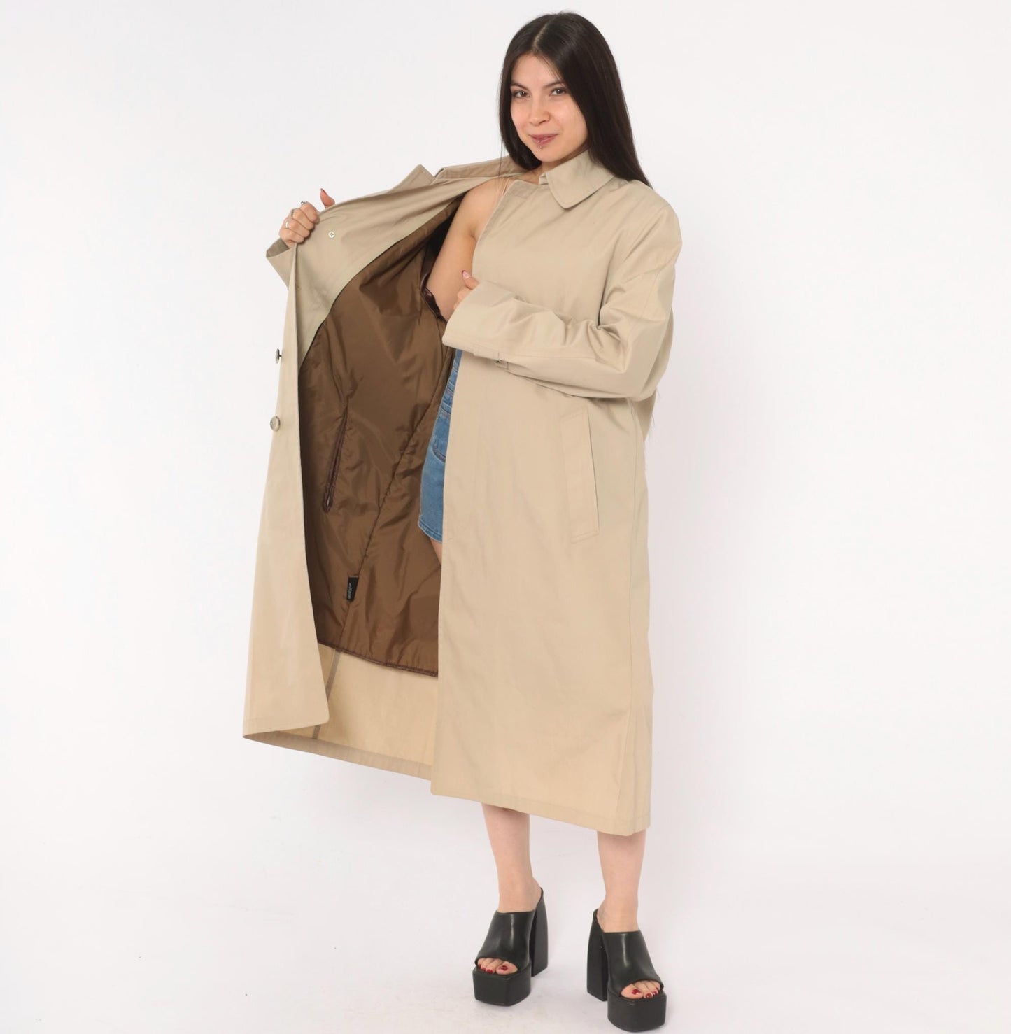 80s London Fog Trench Coat Beige Long Spread Collar Single Button Large