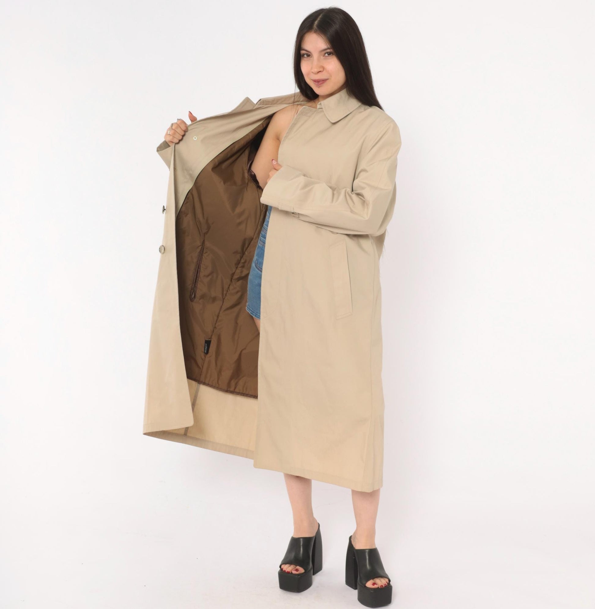 80s London Fog Trench Coat Beige Long Spread Collar Single Button Large