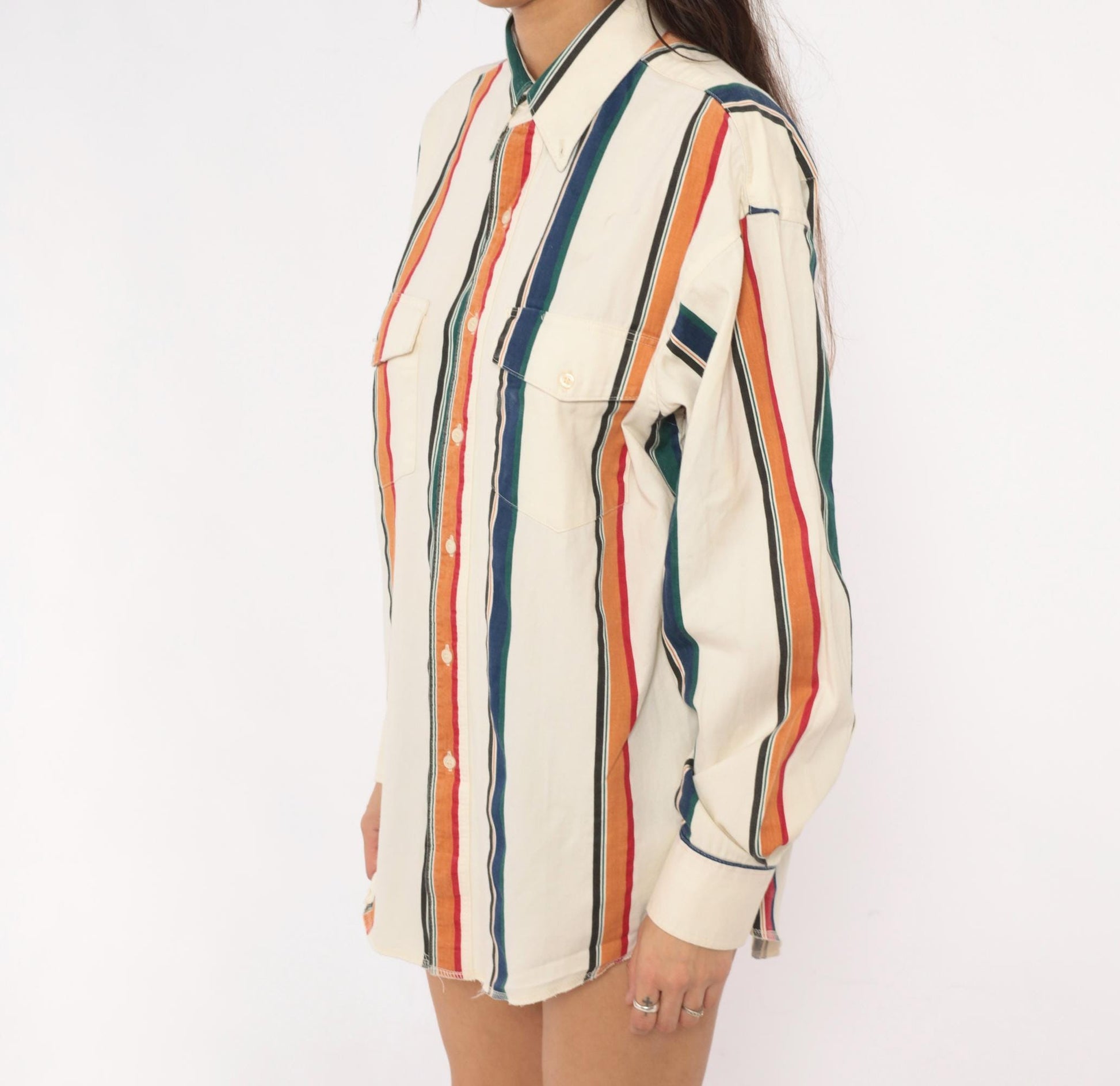 90s Wrangler Striped Button-Up Shirt Cream Navy Orange Vertical Stripe Western Extra Large XL