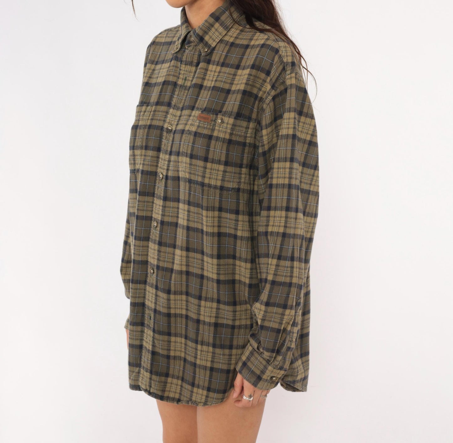 2000s Carhartt Plaid Flannel Shirt Tan Navy Button Down Medium