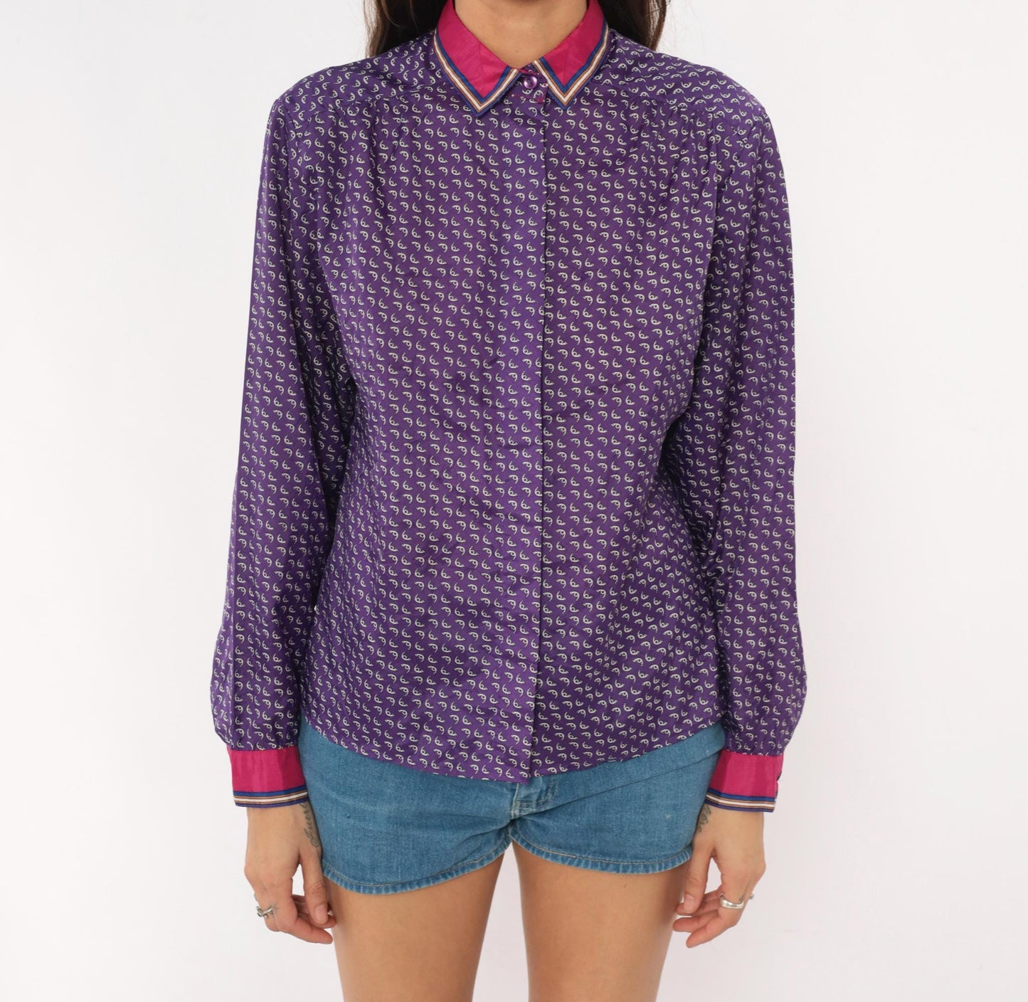 80s Lady Arrow Purple Paisley Button Blouse Pink Contrast Cuffs Medium