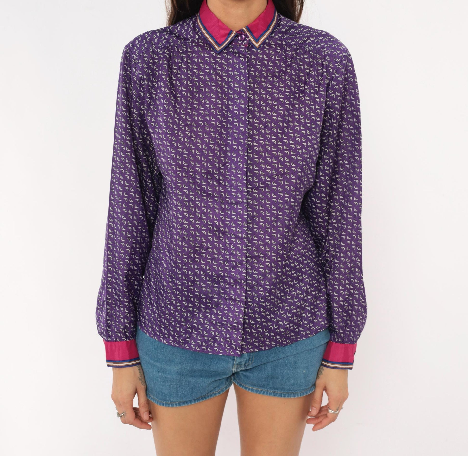 80s Lady Arrow Purple Paisley Button Blouse Pink Contrast Cuffs Medium