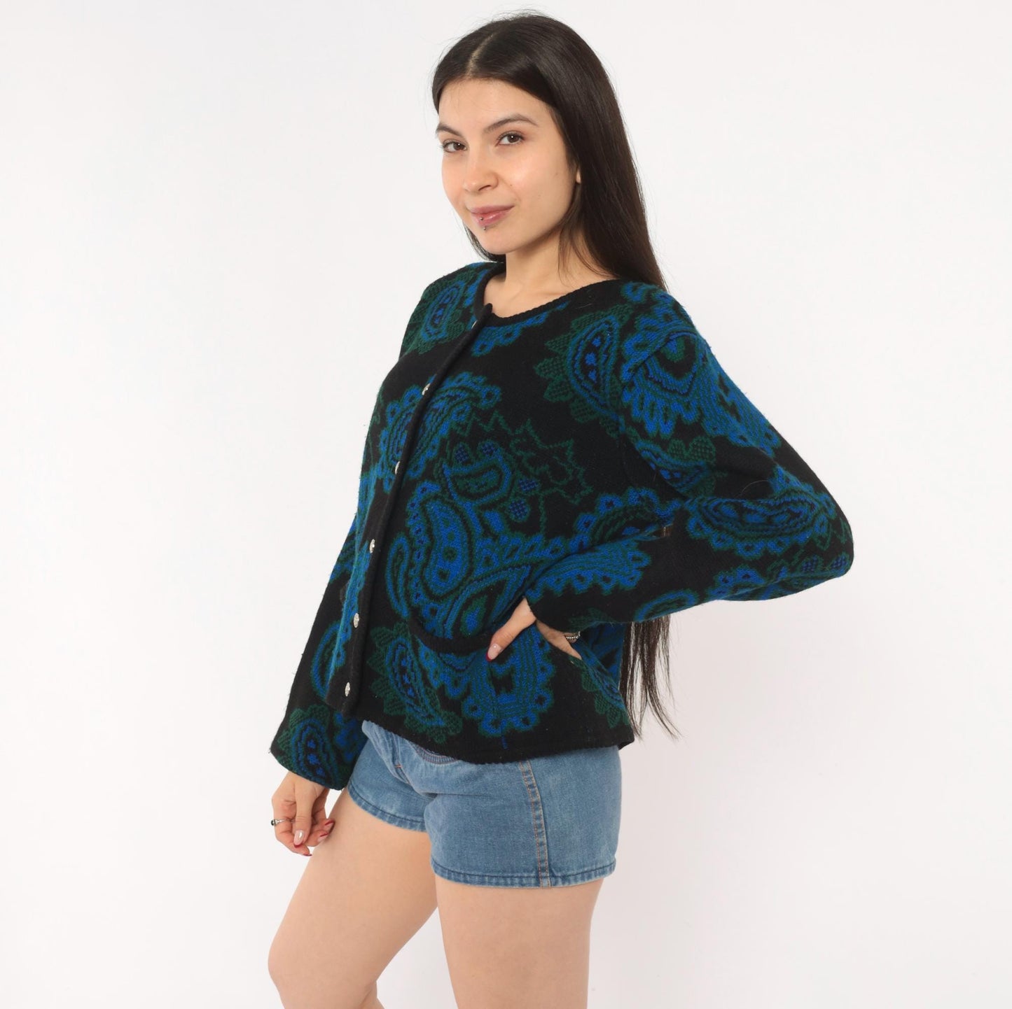 70s Tally-Ho Paisley Jacquard Cardigan Blue Green Black Button Front Large