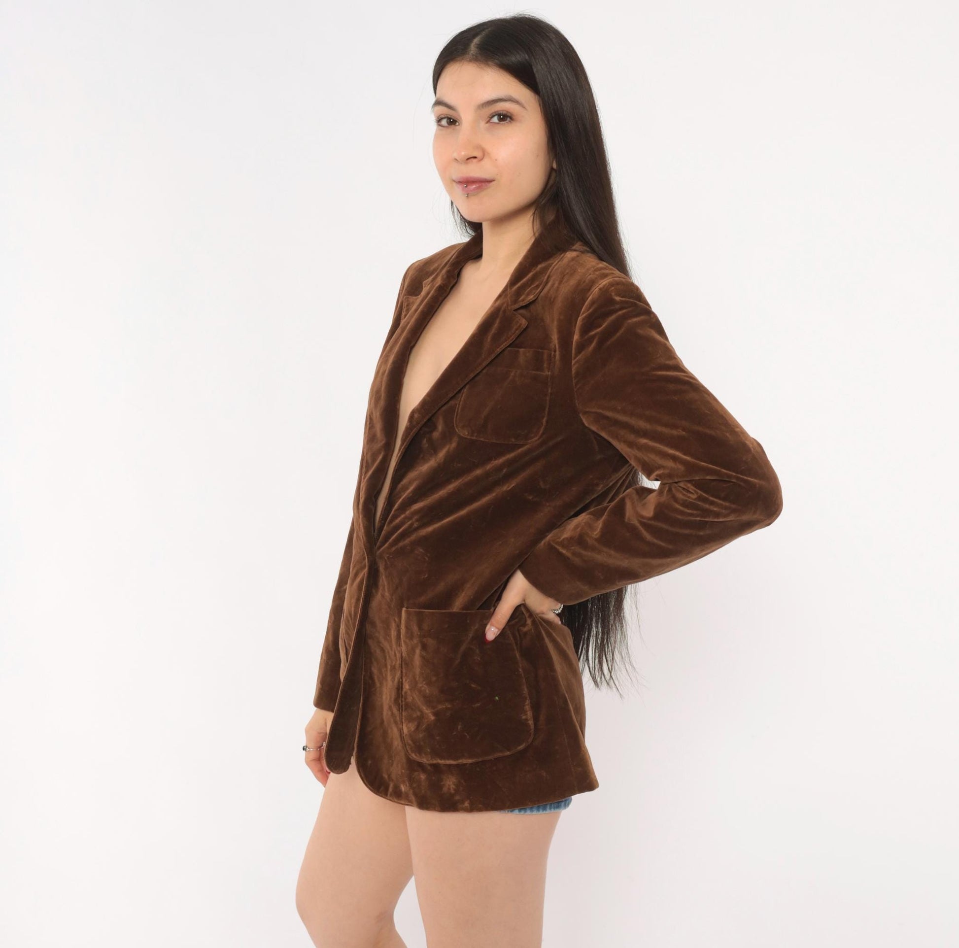 70s Swallowfish Velvet Blazer Brown Single Button Notched Lapel Small