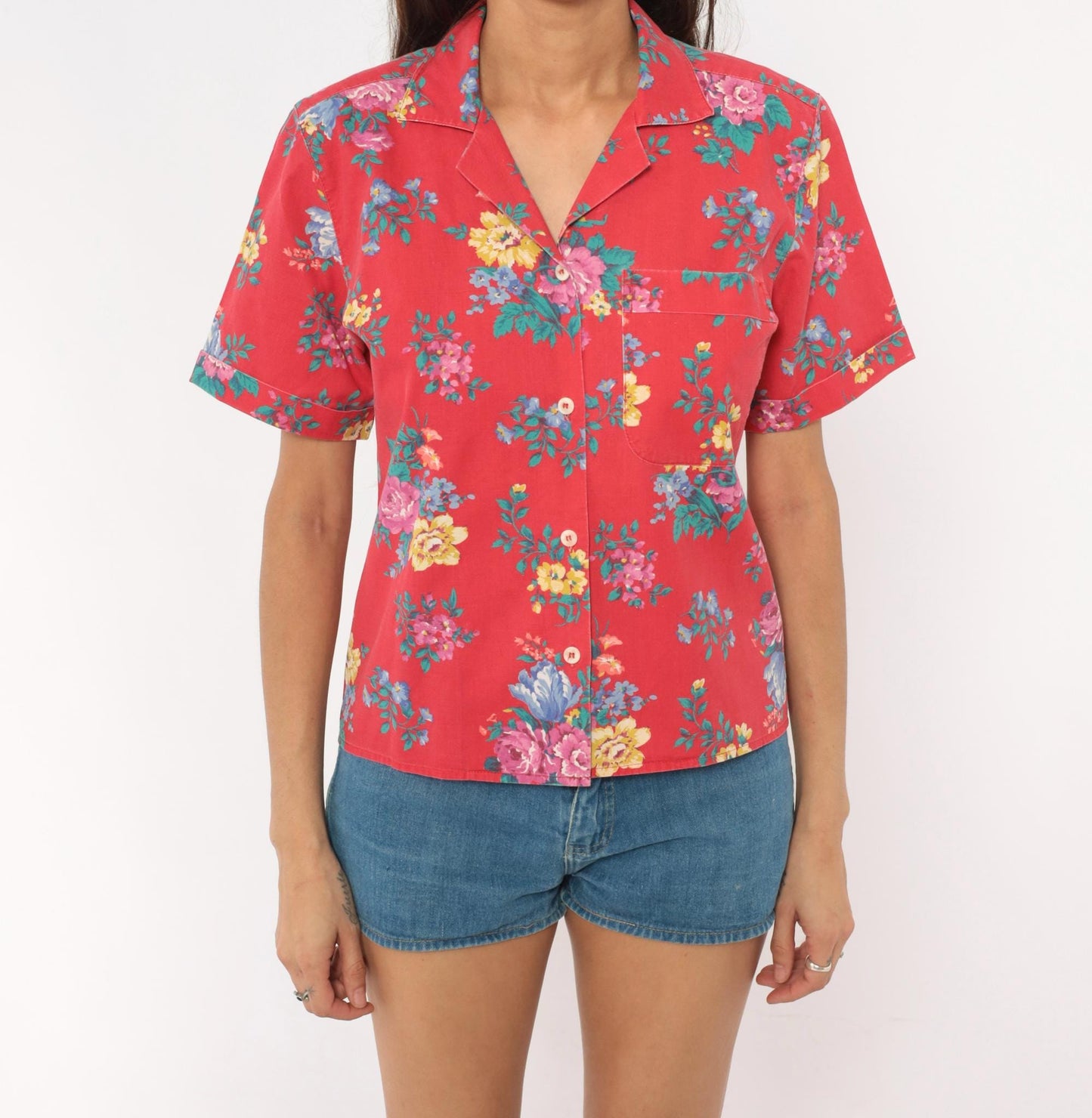 90s Bentley Arbuckle Floral Button-Up Camp Shirt Red Cotton Small