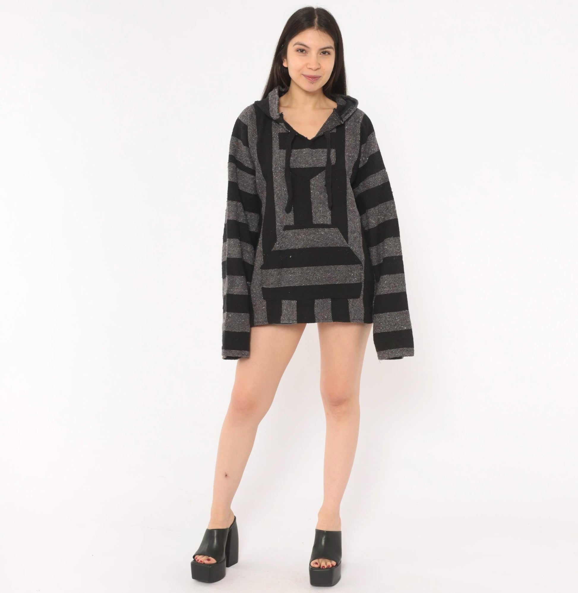 90s Baja Hoodie Black Grey Striped Woven Blanket Pullover Unisex Extra Large