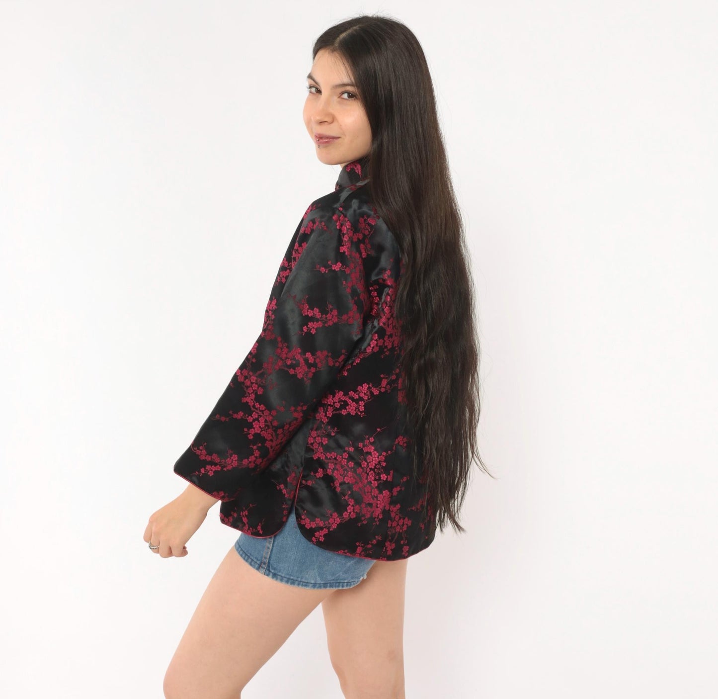 90s King Hu Black Brocade Jacket Cherry Blossom Mandarin Collar Large L