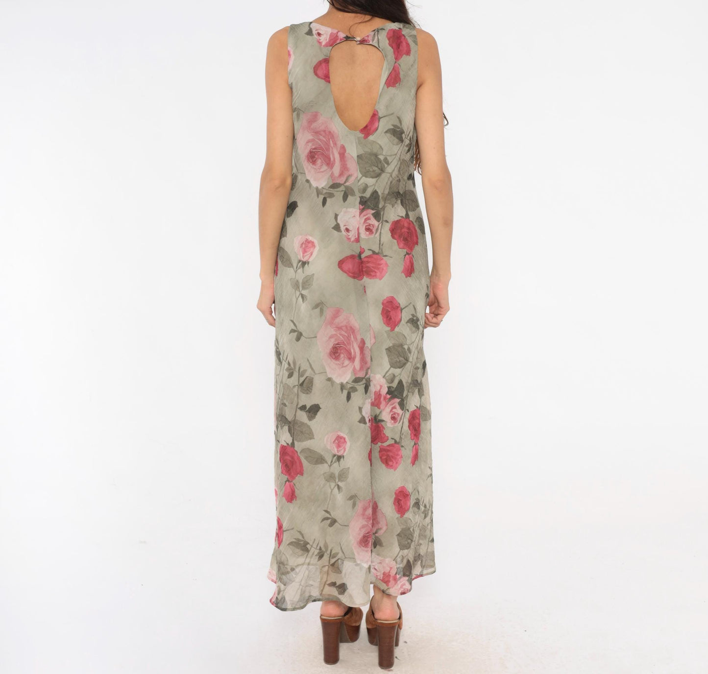 90s Dressbarn Maxi Dress Olive Rose Floral Chiffon Sleeveless Large L