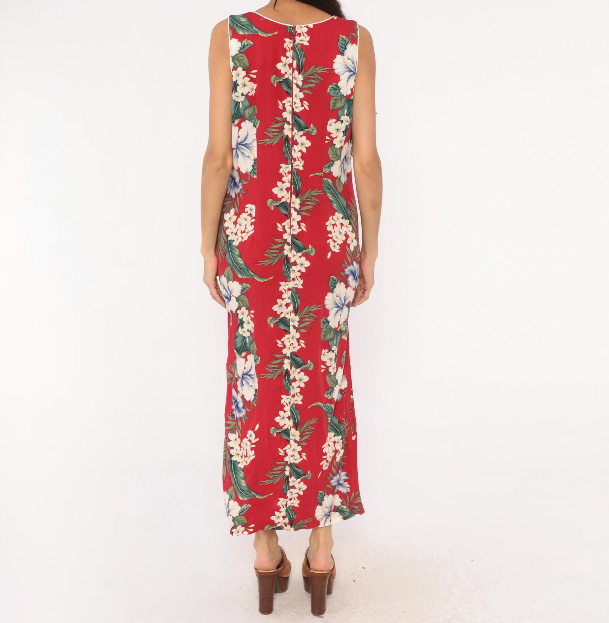 90s Iolani Hawaiian Maxi Dress Red Tropical Floral Sleeveless Large L