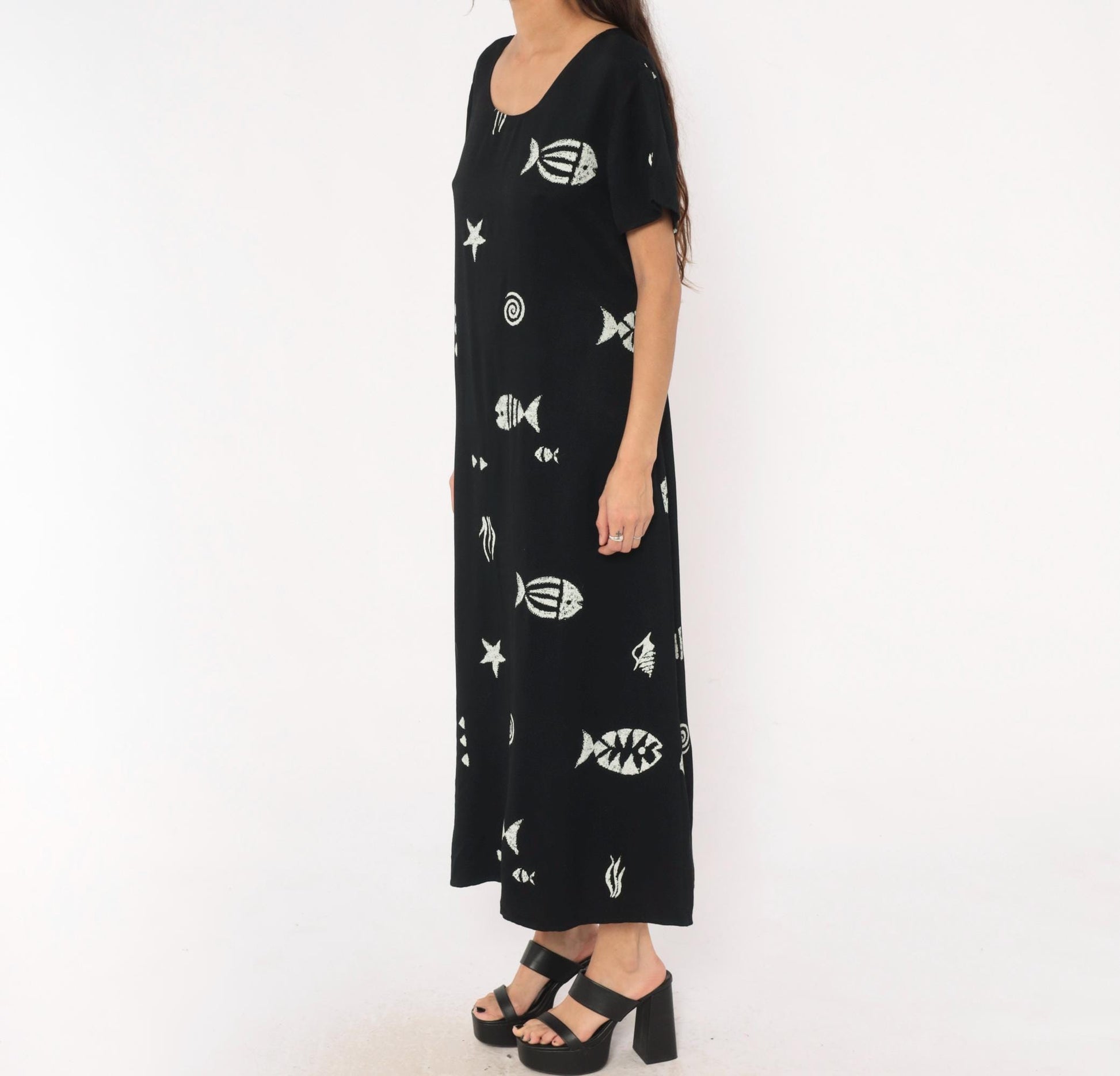 90s Connie Choi Fish Print Maxi Dress Black White Sea Life Large L