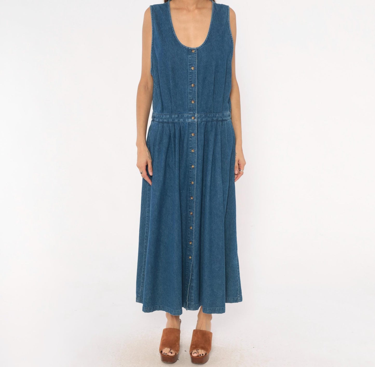 90s Eddie Bauer Denim Maxi Dress Sleeveless Button Front Blue Cotton Large L