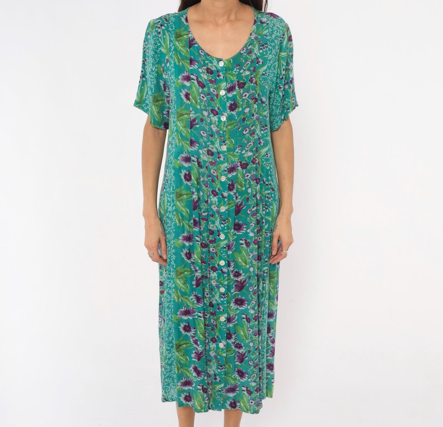 90s La Cera Floral Button Front Midi Dress Teal Purple Pockets Medium M