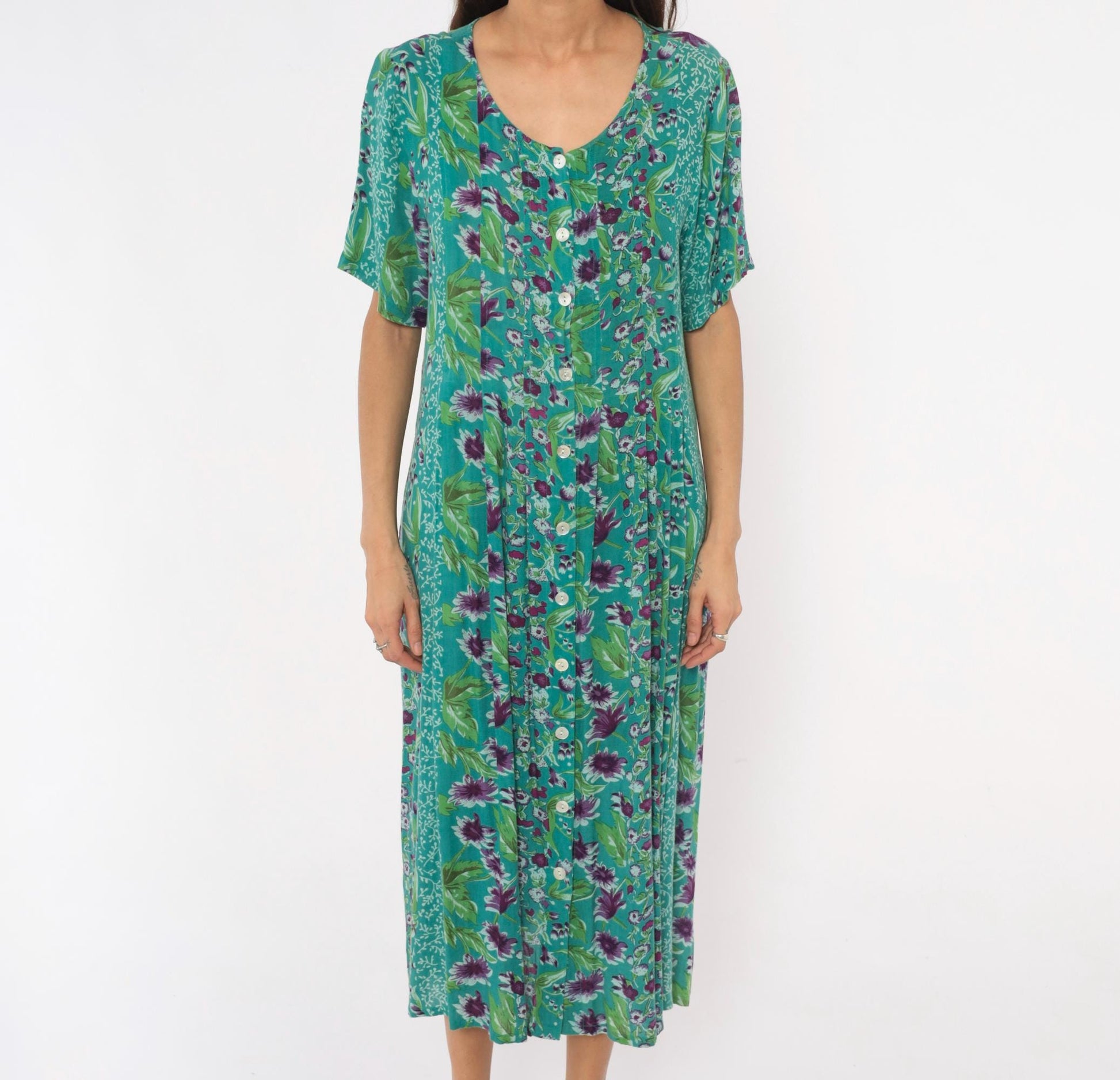 90s La Cera Floral Button Front Midi Dress Teal Purple Pockets Medium M