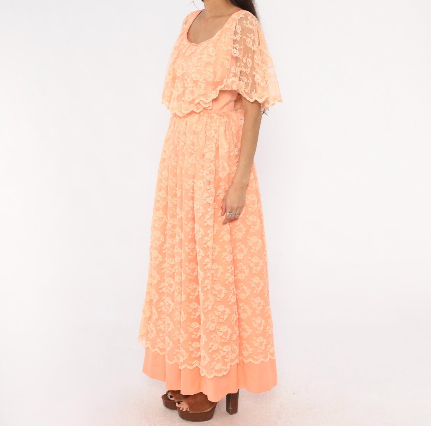 70s Peach Lace Maxi Dress Flutter Cape Sleeve Floral Overlay Small