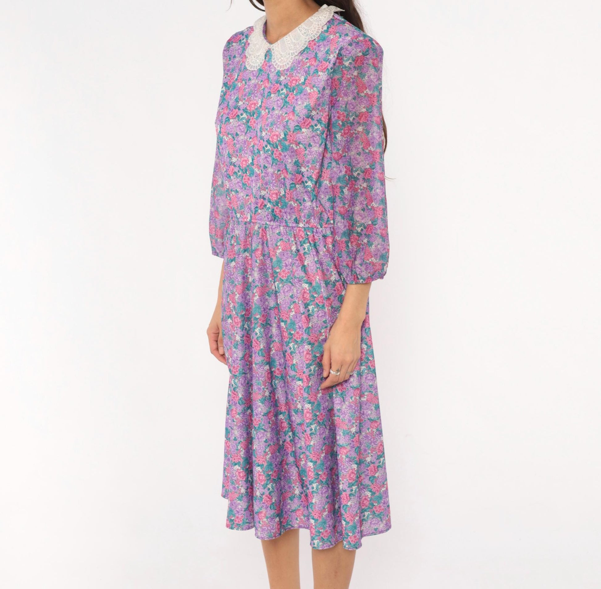80s M.C.S.Ltd. Floral Midi Dress Puff Sleeve Peter Pan Collar Purple Large L