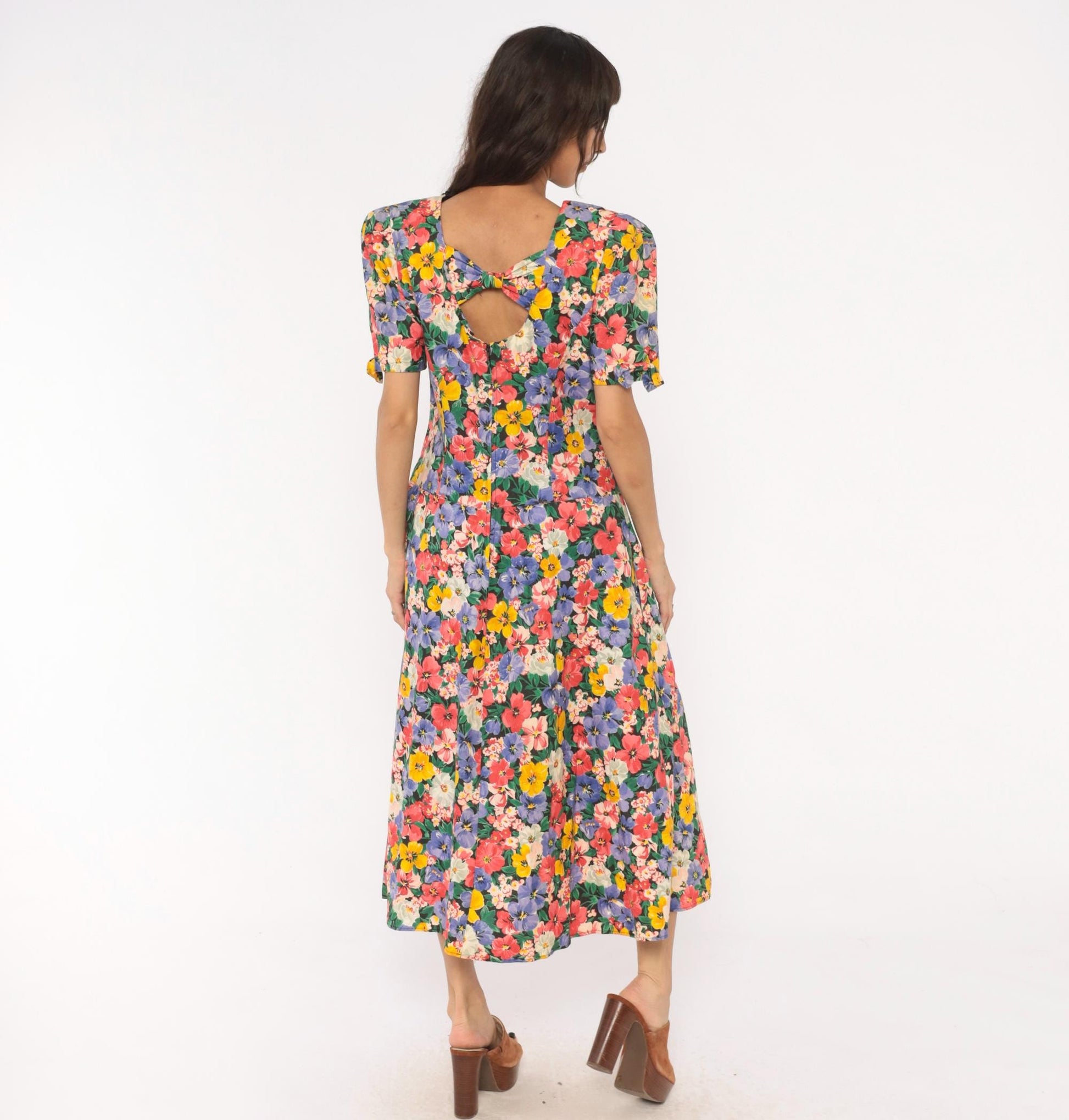 90s Kwai Floral Midi Dress Cutout Back Puff Sleeve Cotton Medium M
