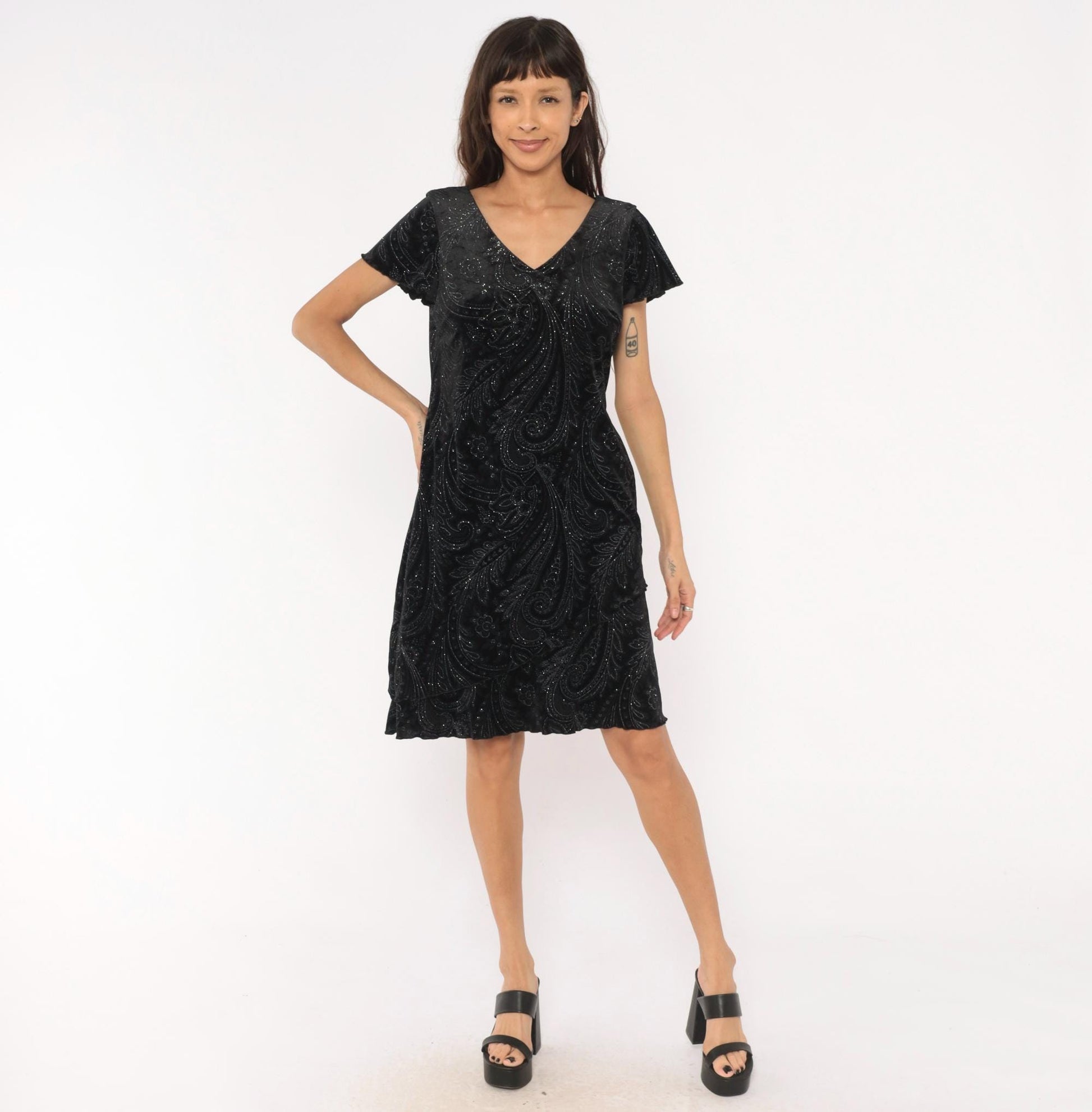 90s S.L. Fashions Black Velvet Paisley Glitter Dress Flutter Sleeve Medium Petite