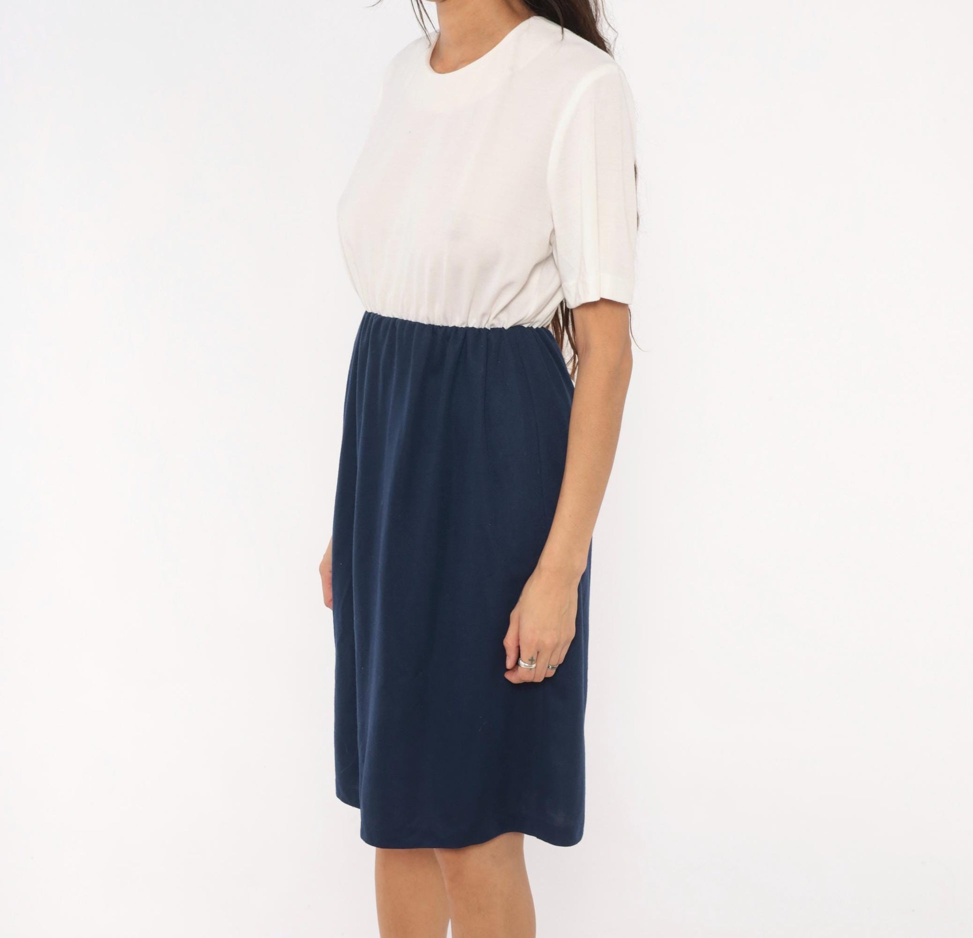 80s Navy Cream Colorblock Dress Keyhole Back Button Knee-Length Medium Large