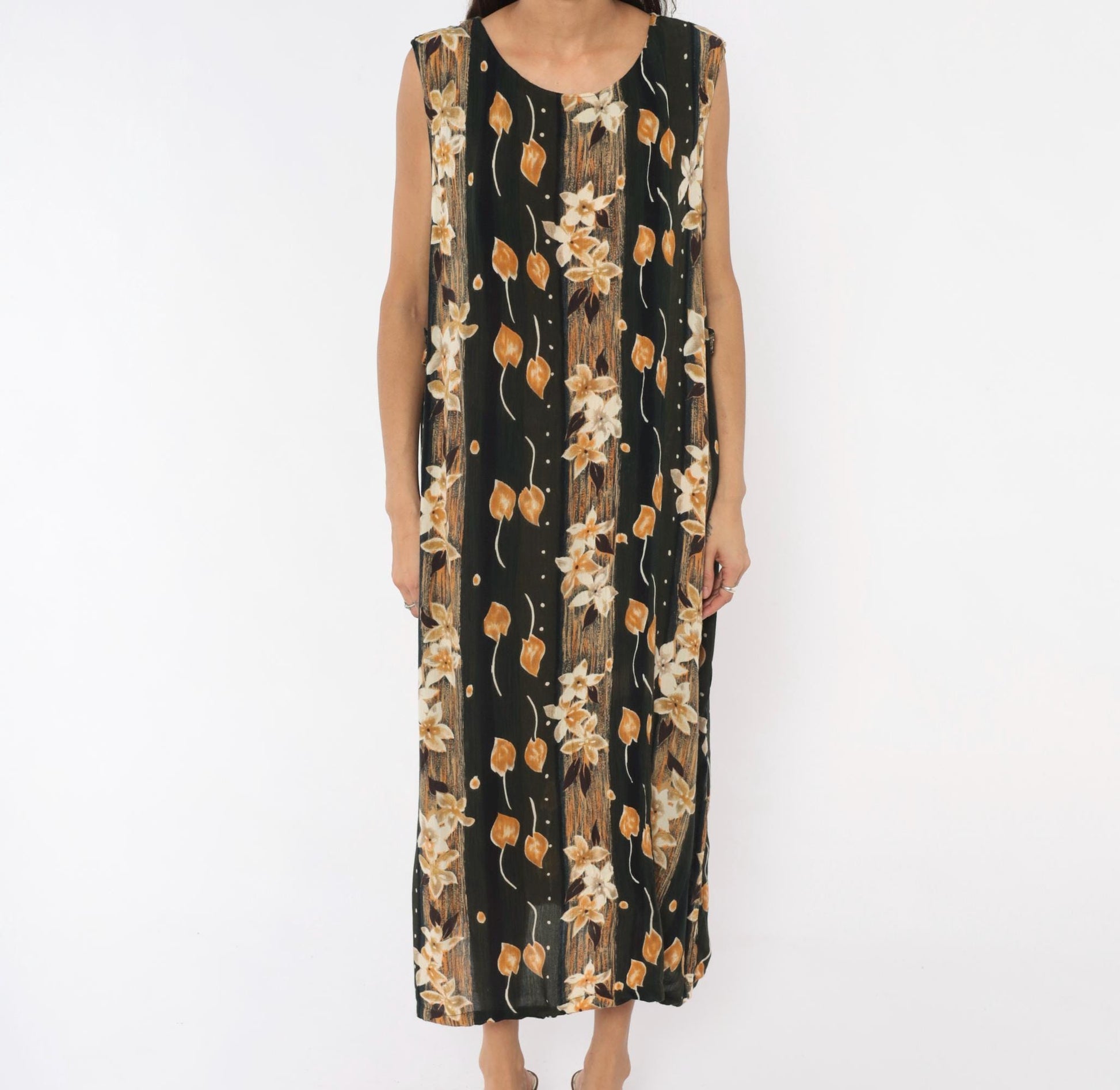 90s Sag Harbor Floral Maxi Dress Olive Green Cream Leaves Large L