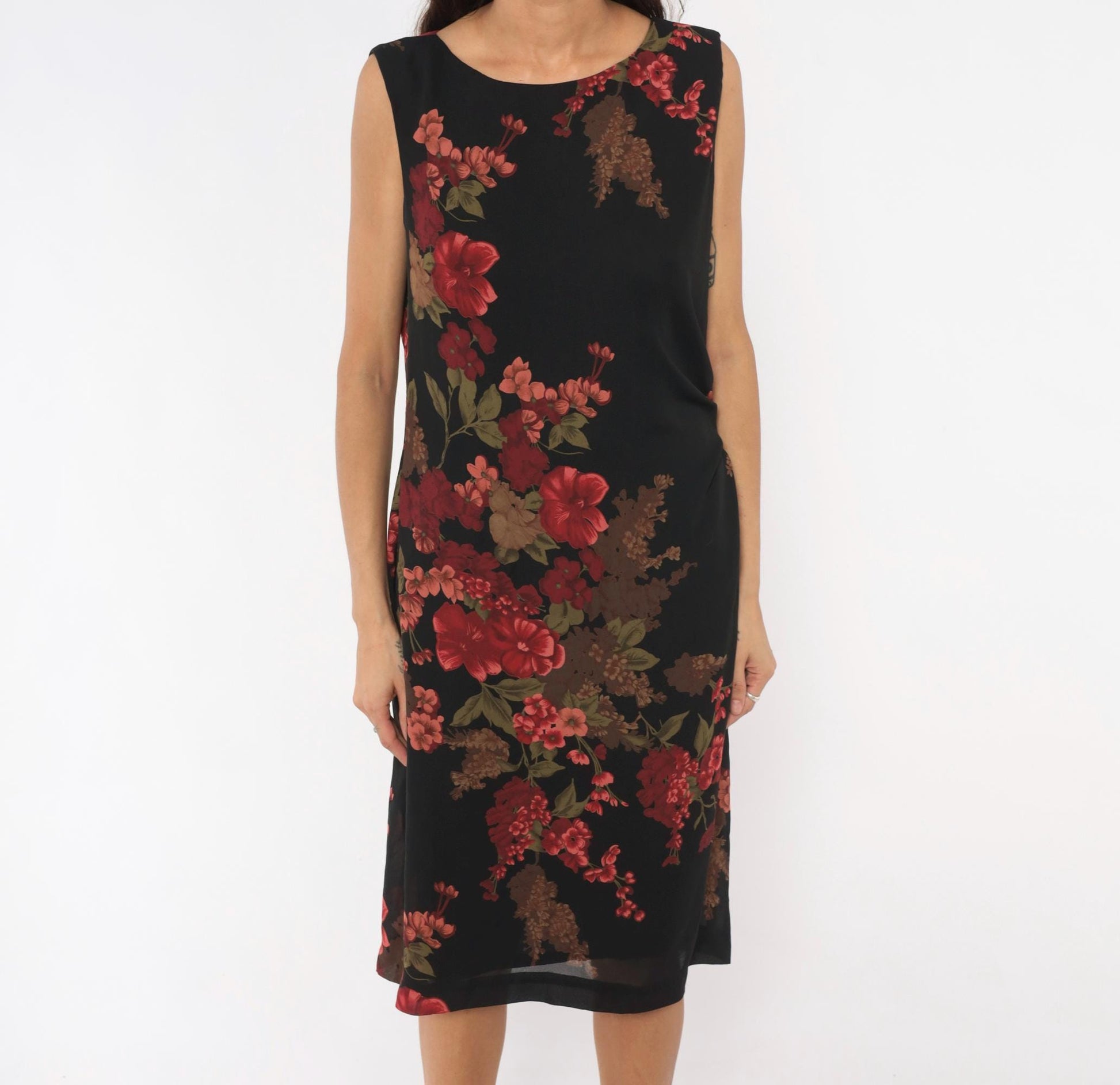 90s David Warren Floral Shift Dress Black Red Roses Knee-Length Large L