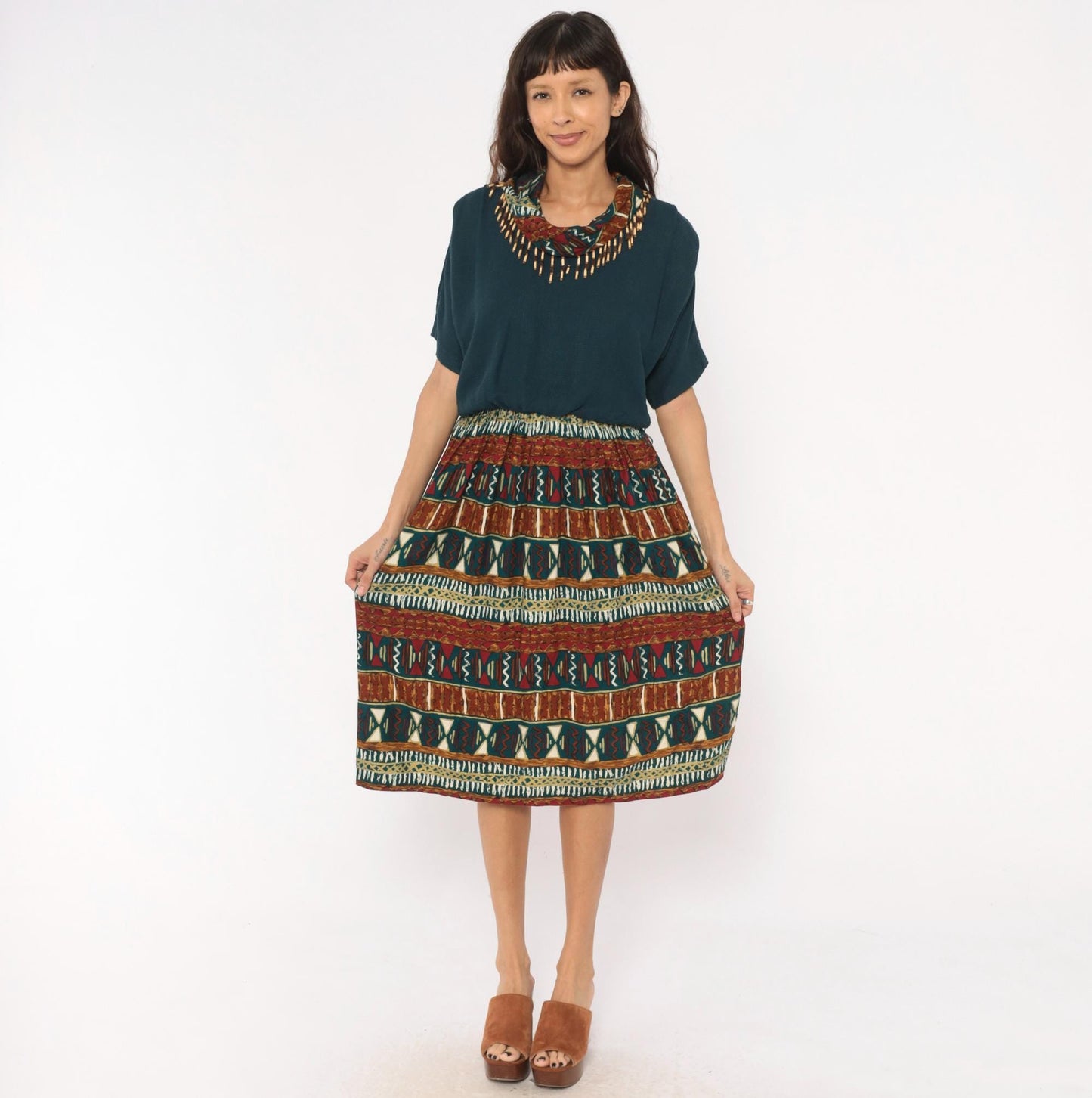 90s Stuart Alan Petites Tribal Print Dress Teal Burgundy Midi V Neck Medium