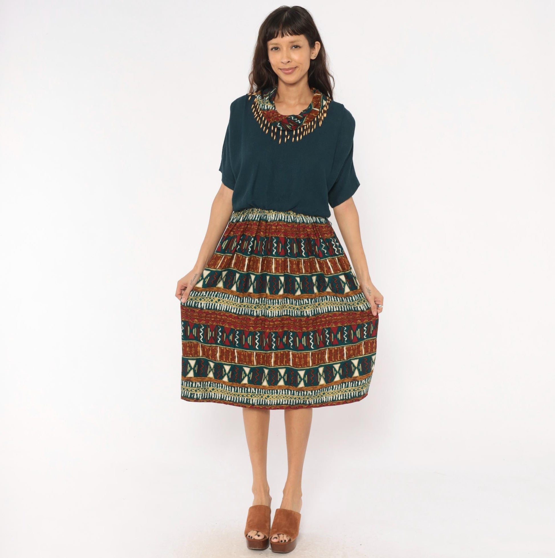 90s Stuart Alan Petites Tribal Print Dress Teal Burgundy Midi V Neck Medium