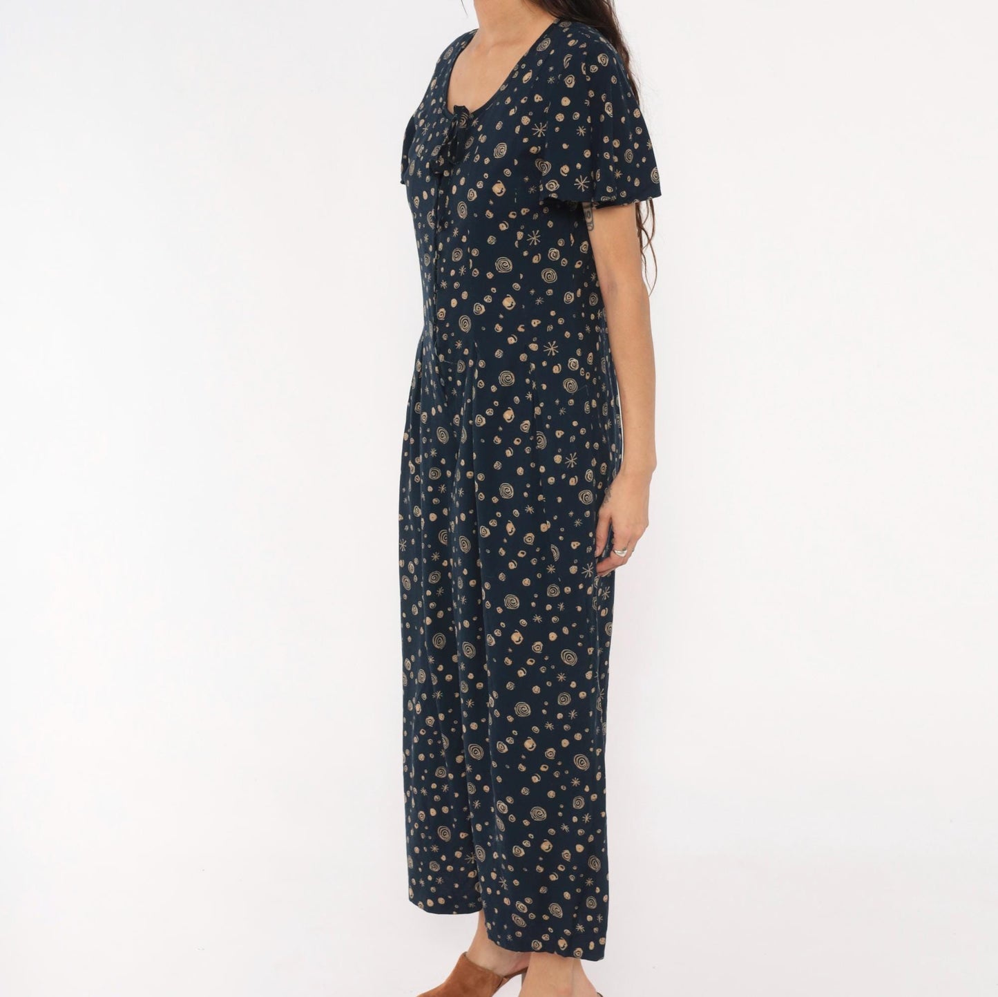 90s Darian Petites Celestial Jumpsuit Navy Tan Star Print Wide Leg Medium M