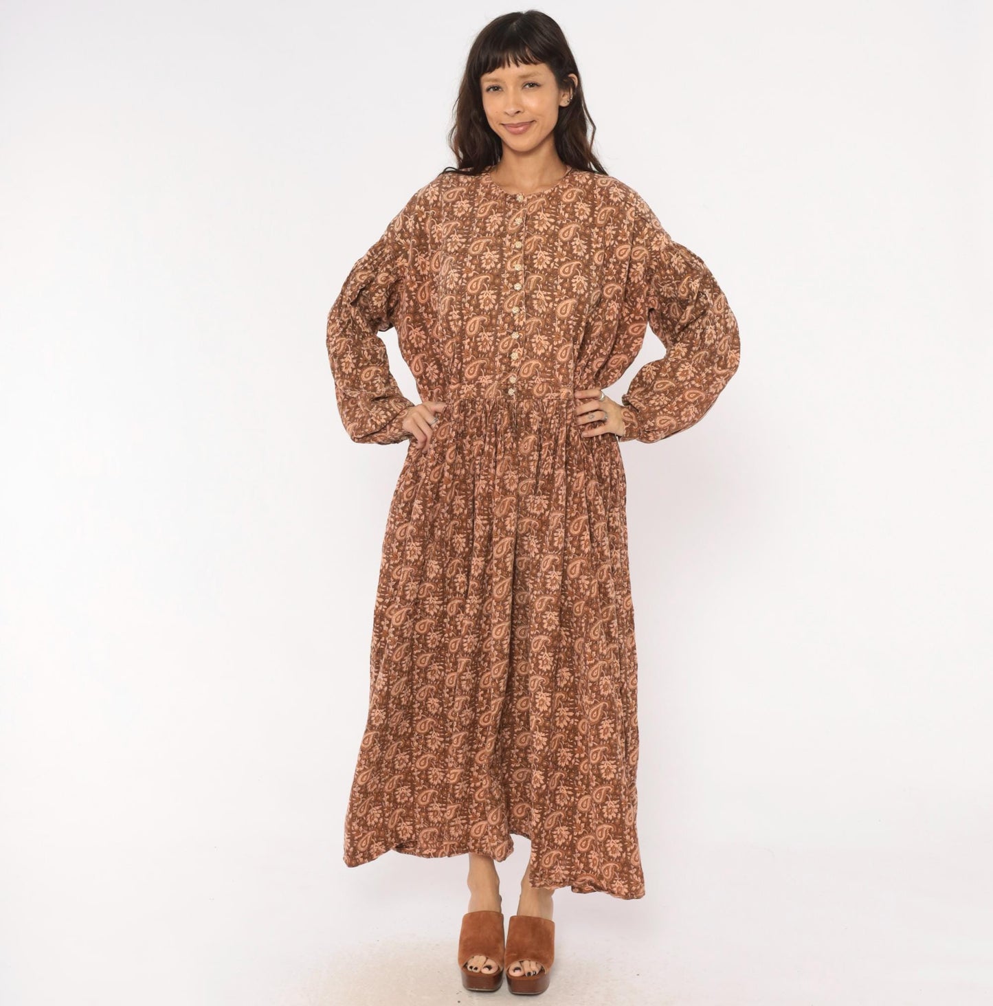 90s Brown Paisley Floral Maxi Dress Cotton Button Front Balloon Sleeve Large