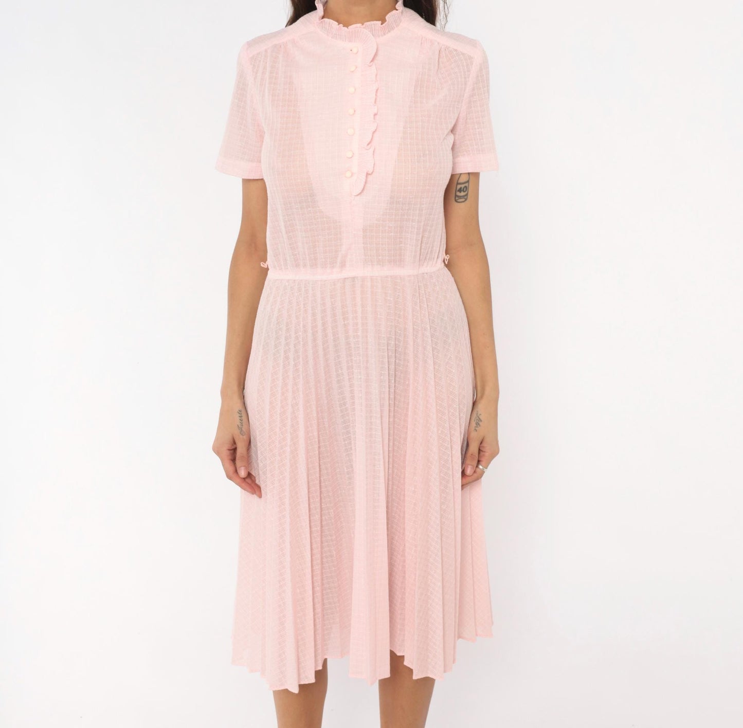 70s Blush Pink Shirtdress Pleated Midi Ruffled Collar Puff Sleeve Small S