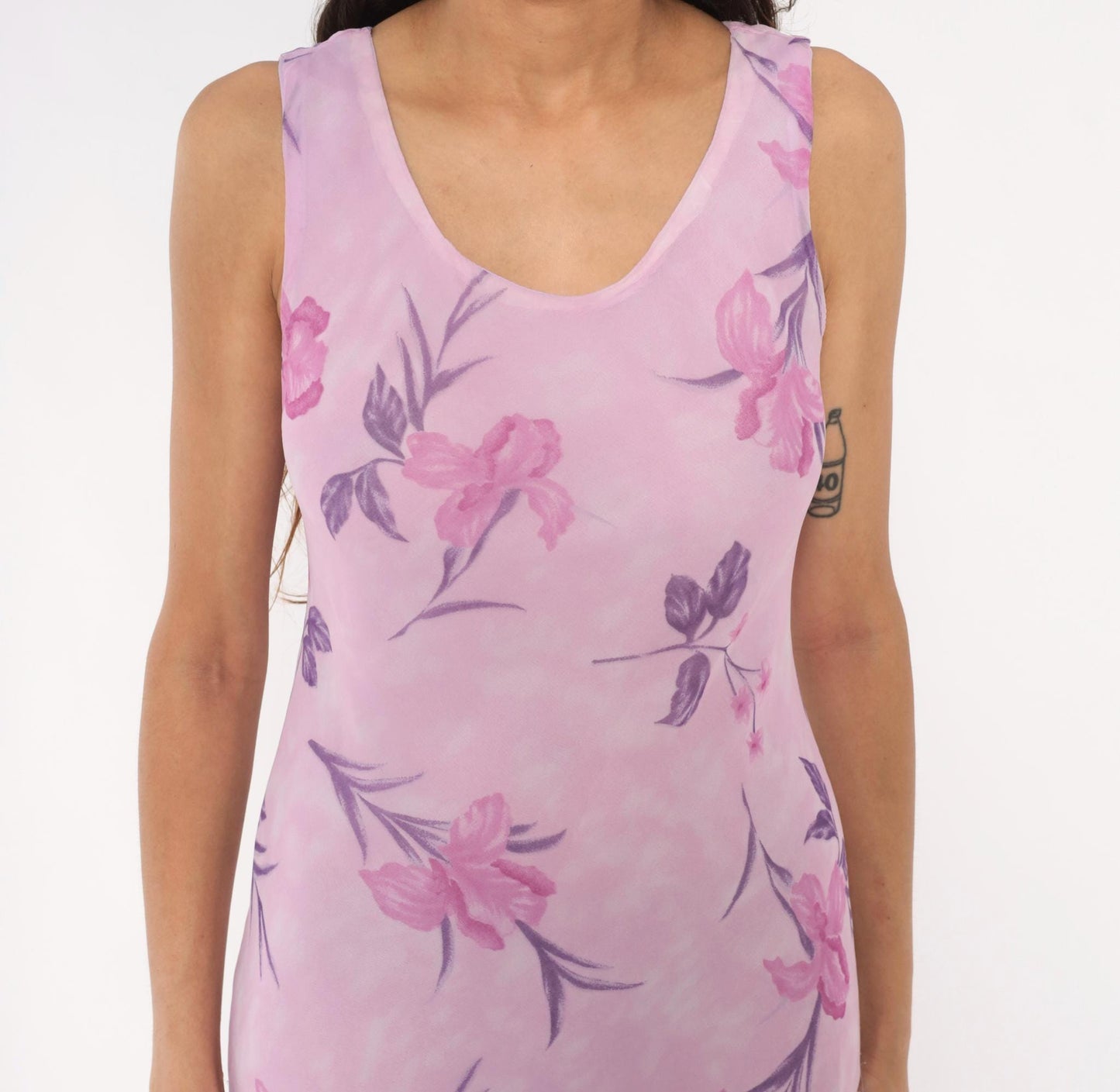 90s Sharon Max Lilac Floral Chiffon Maxi Dress Sleeveless Scoop Neck Small S