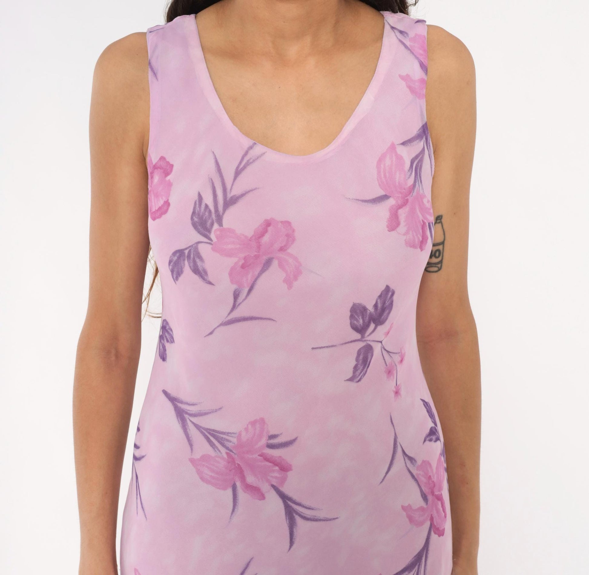 90s Sharon Max Lilac Floral Chiffon Maxi Dress Sleeveless Scoop Neck Small S