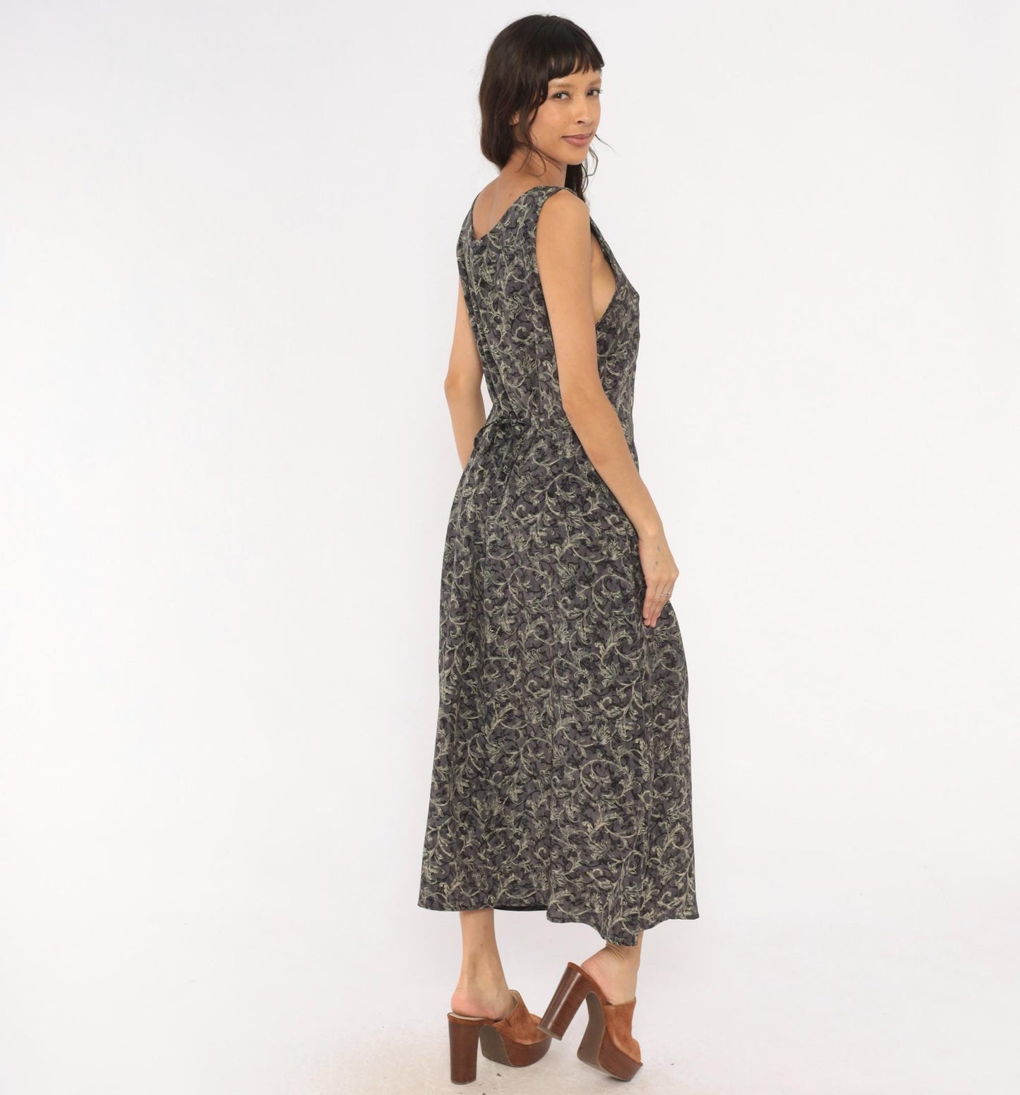 90s Worthington Baroque Maxi Dress Charcoal Floral Tank Tie Back Plus Size 1X