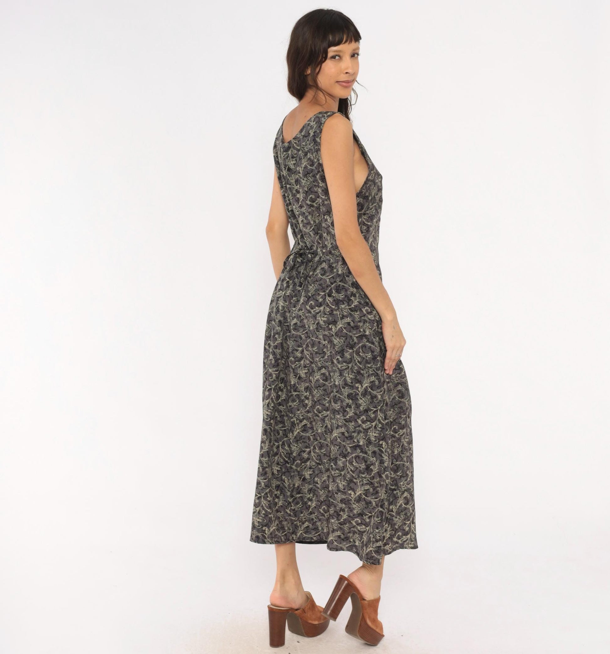 90s Worthington Baroque Maxi Dress Charcoal Floral Tank Tie Back Plus Size 1X