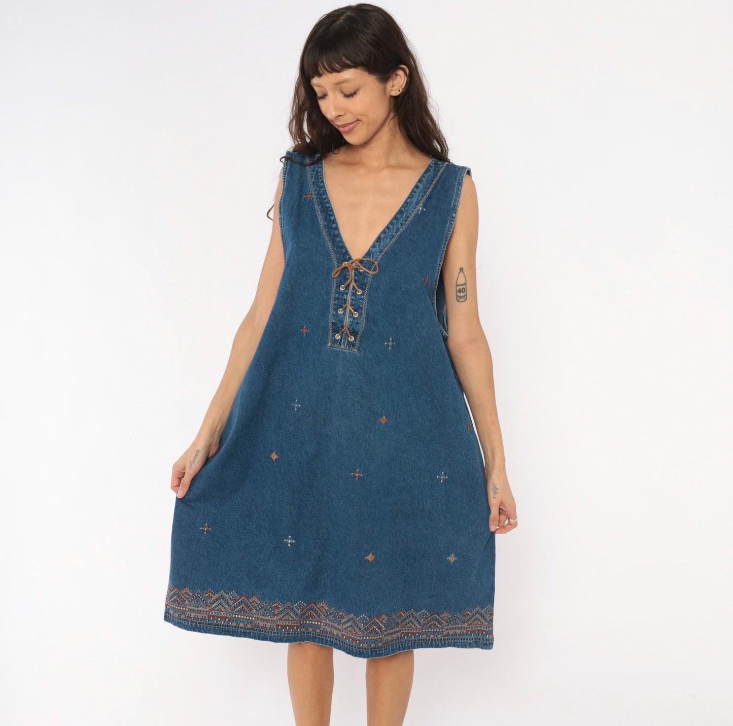 90s J.L. NY Southwestern Denim Dress Embroidered Lace-Up Navy Plus Size XXL