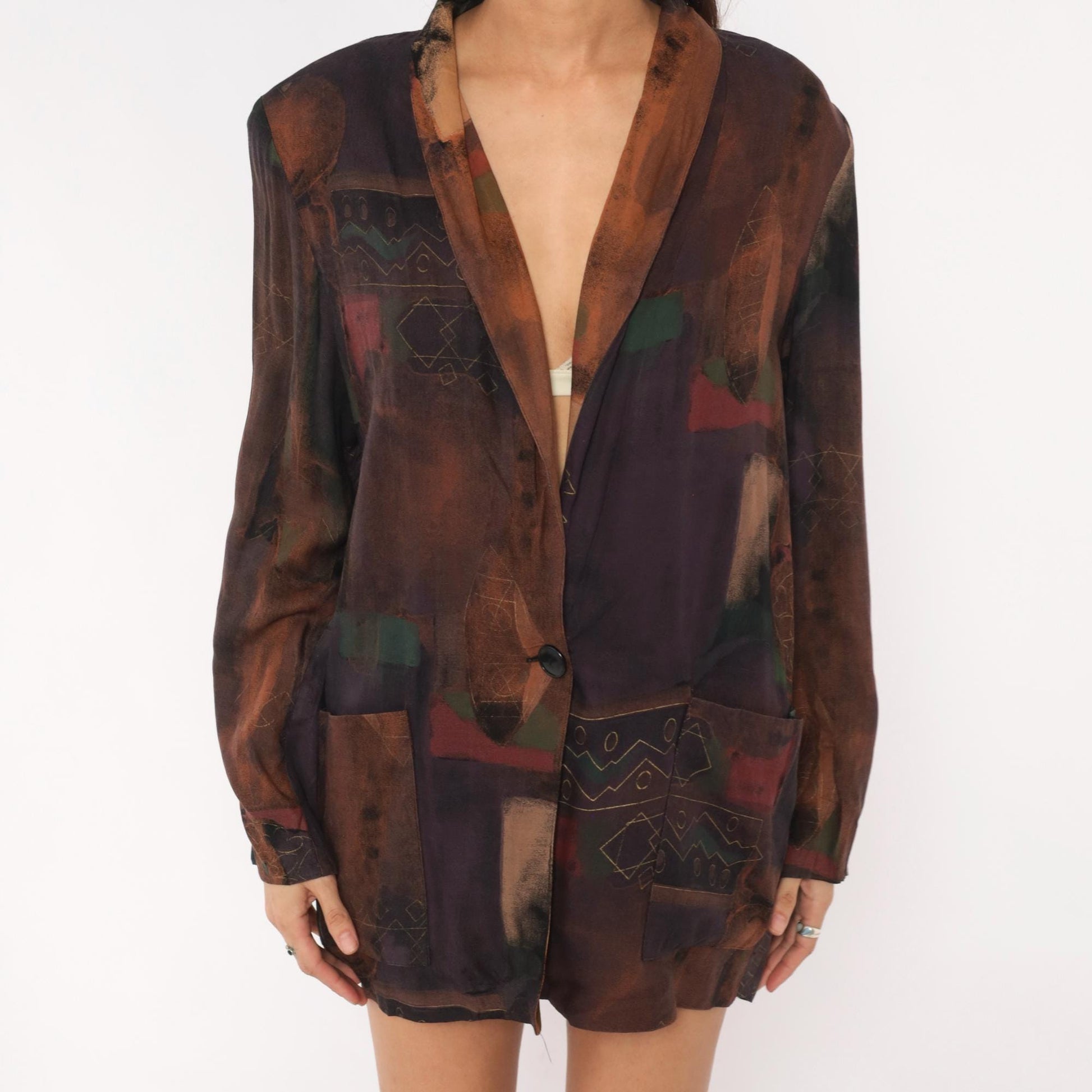 90s Kensington Abstract Tribal Blazer Brown Plum Geometric Medium M