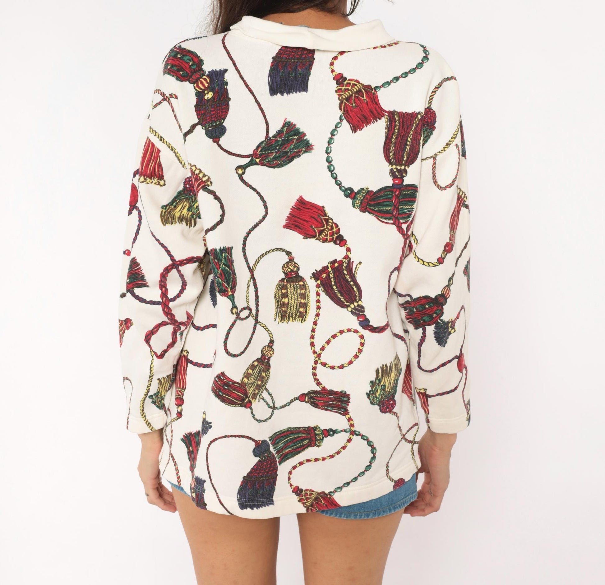 90s Cambridge Dry Goods Tassel Print Sweatshirt Cream Cowl Neck Small