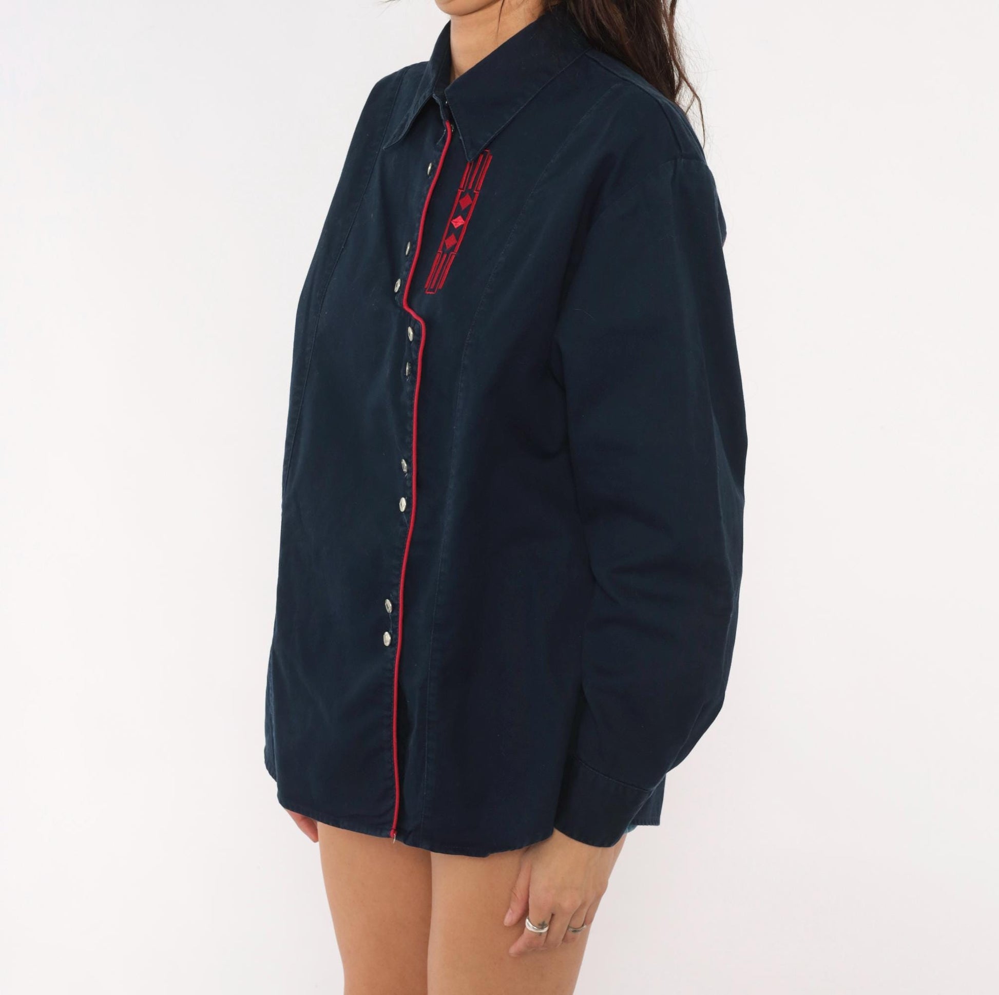 90s Wrangler Western Shirt Navy Blue Embroidered Diamond Snap Button Extra Large XL