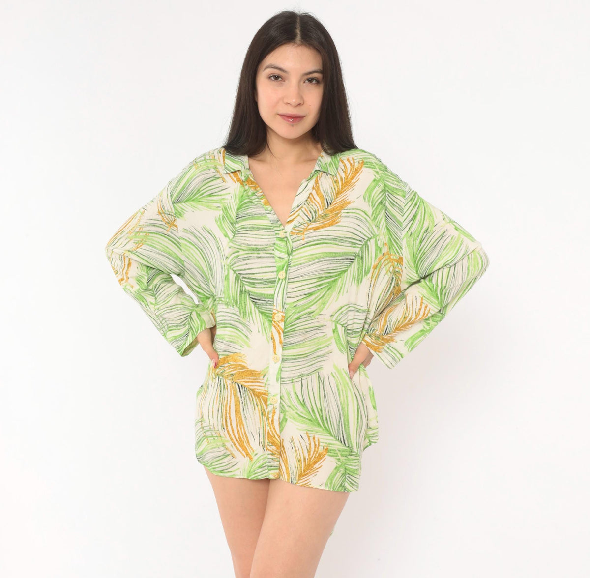 2000s Jams World Palm Leaf Hawaiian Shirt Green Rayon Camp Collar Extra Large XL