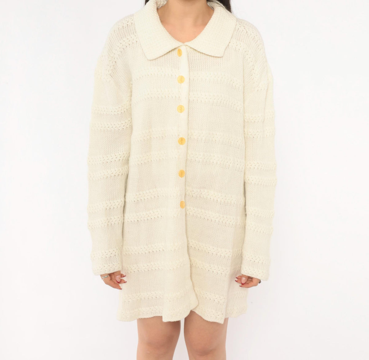 70s Cream Knit Cardigan Button Front Lacework Bands Long Sleeve Extra Large XL