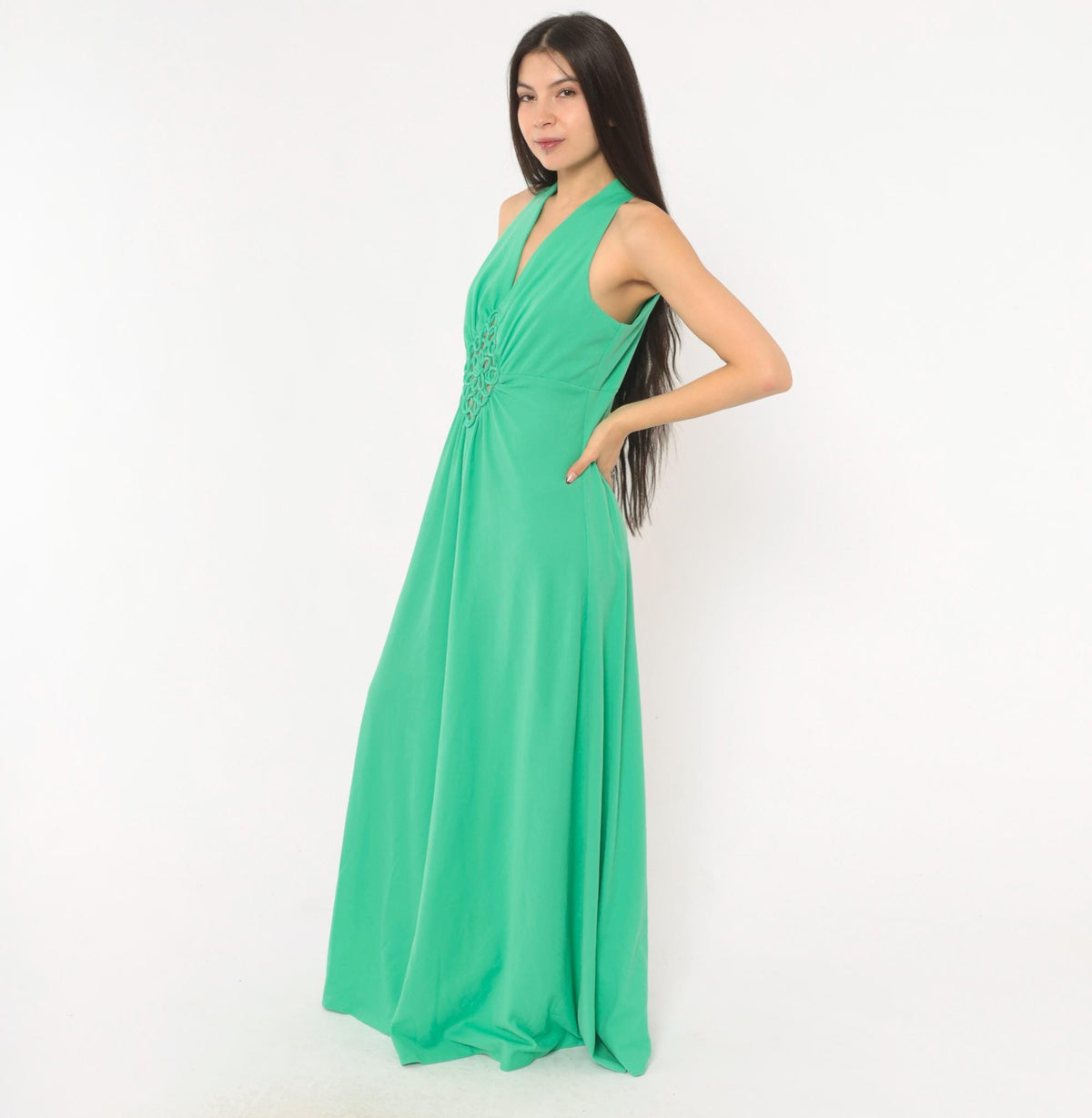 70s Mint Green Halter Maxi Dress Empire Waist Crochet Cutout V Neck Medium Large