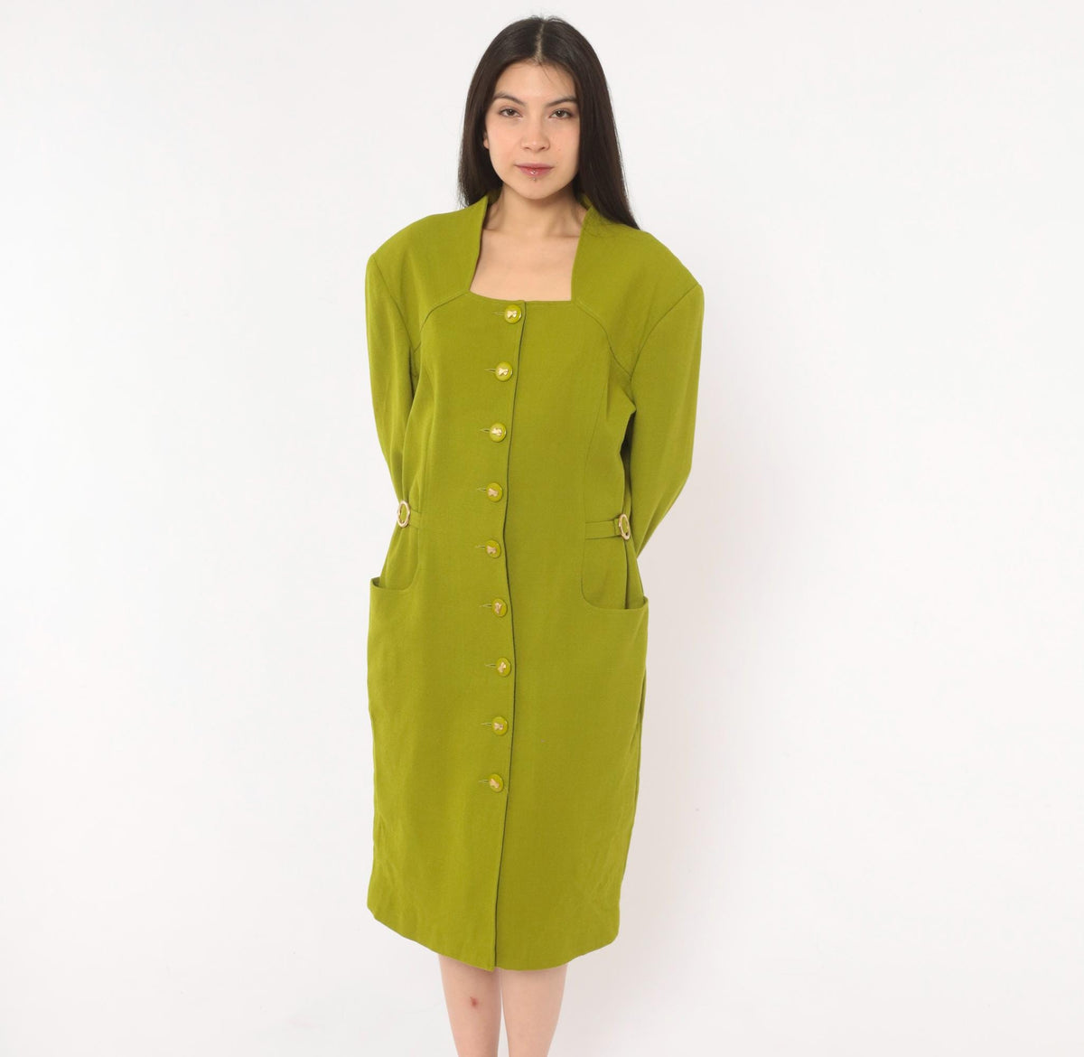 80s Lauren Taylor Wool Coat Dress Olive Green Gold Buttons Power Dressing Large L