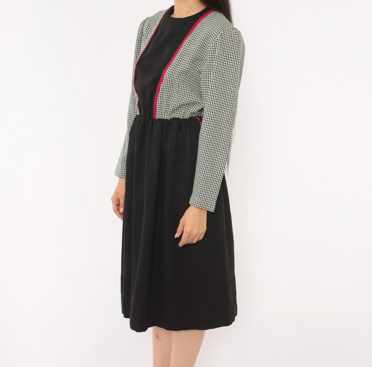 80s Houndstooth Check Dress Black White Puff Sleeve Knee Length V Panel Small