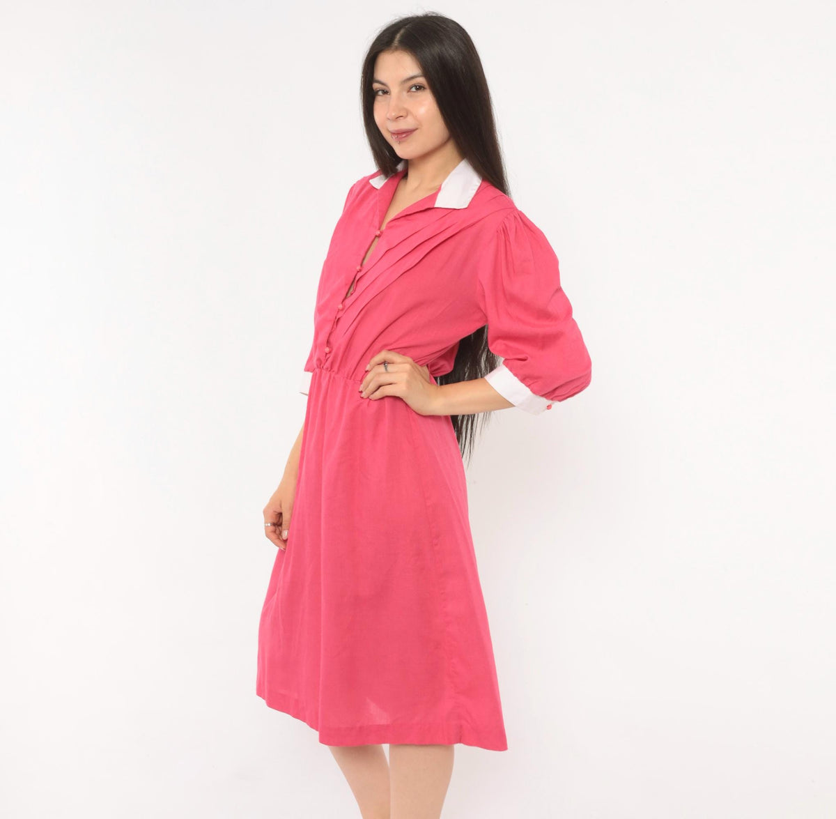 80s Fuchsia Puff Sleeve Shirtdress White Collar Pleated Bodice Pink Buttons Small Medium