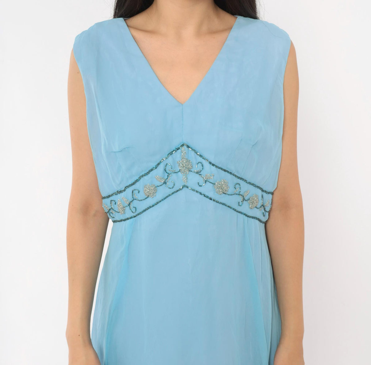 70s Elgin Dress Sky Blue Empire Waist Maxi Gown Beaded V Neck Large L